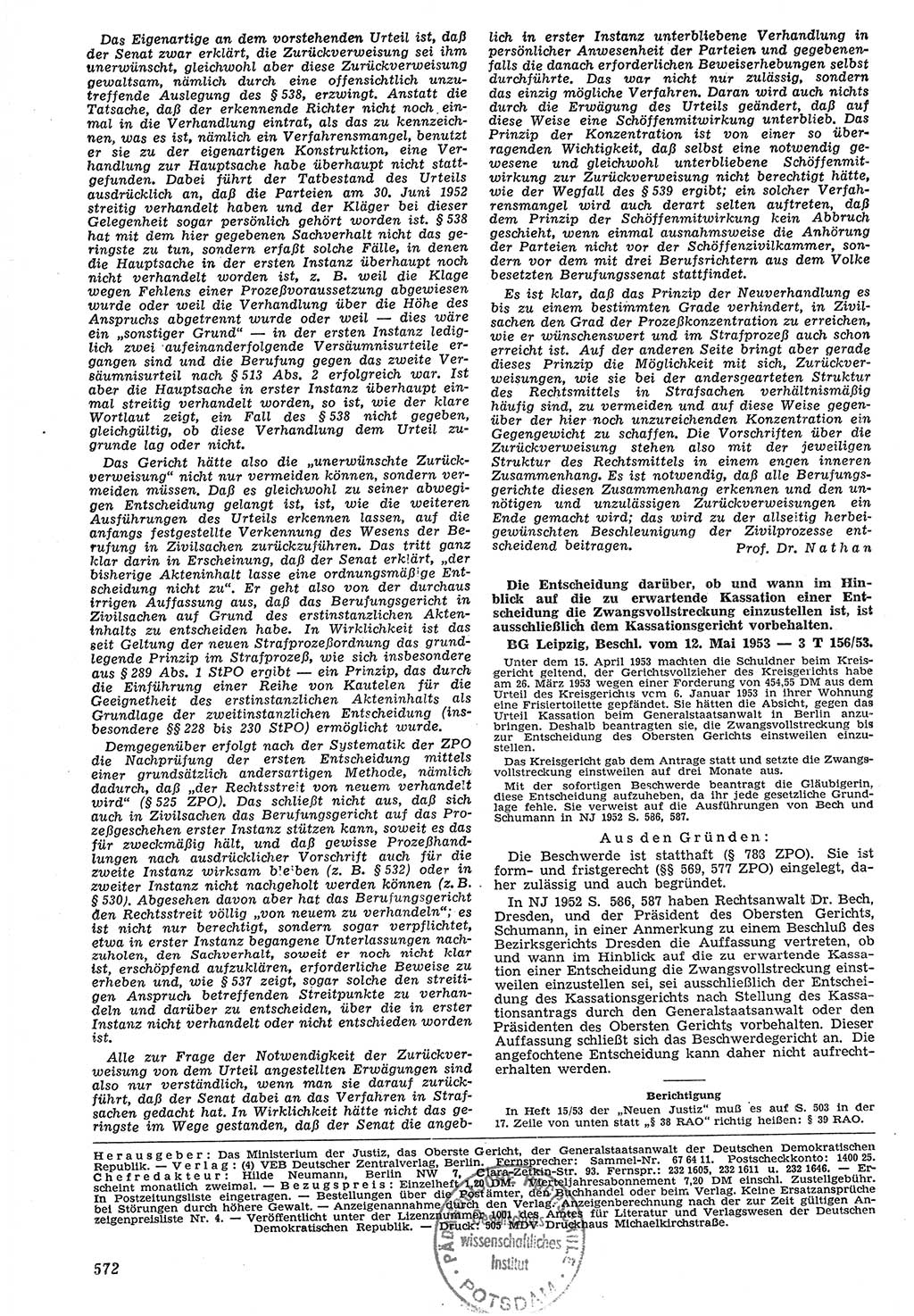 Neue Justiz (NJ), Zeitschrift für Recht und Rechtswissenschaft [Deutsche Demokratische Republik (DDR)], 7. Jahrgang 1953, Seite 572 (NJ DDR 1953, S. 572)