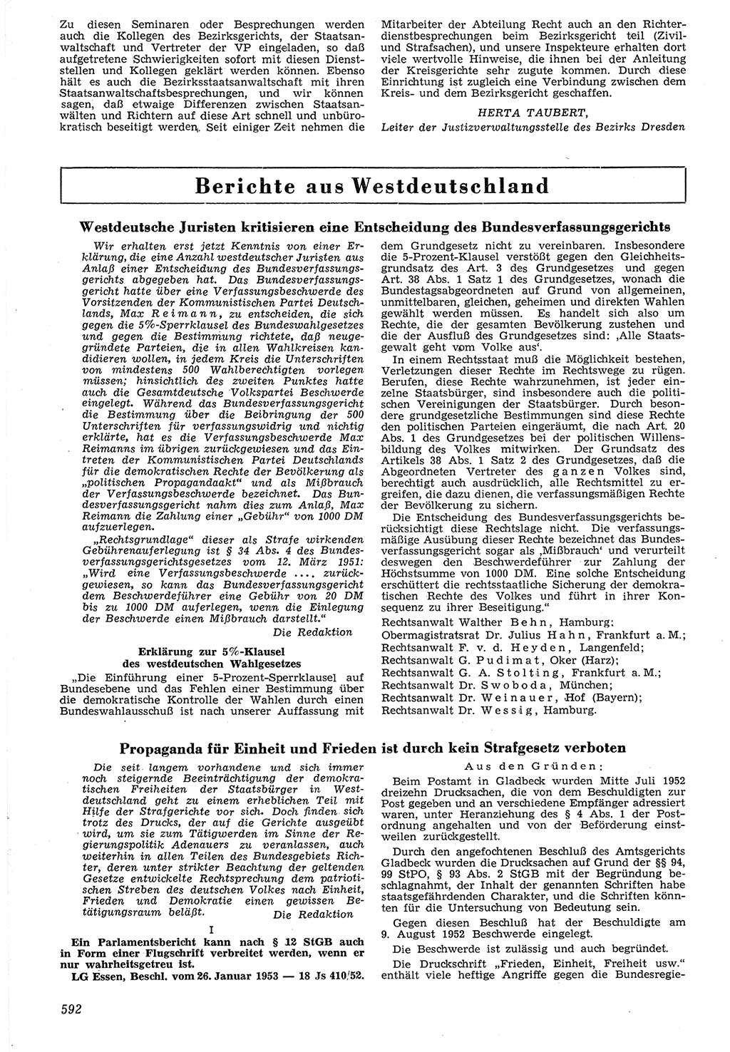 Neue Justiz (NJ), Zeitschrift für Recht und Rechtswissenschaft [Deutsche Demokratische Republik (DDR)], 7. Jahrgang 1953, Seite 592 (NJ DDR 1953, S. 592)