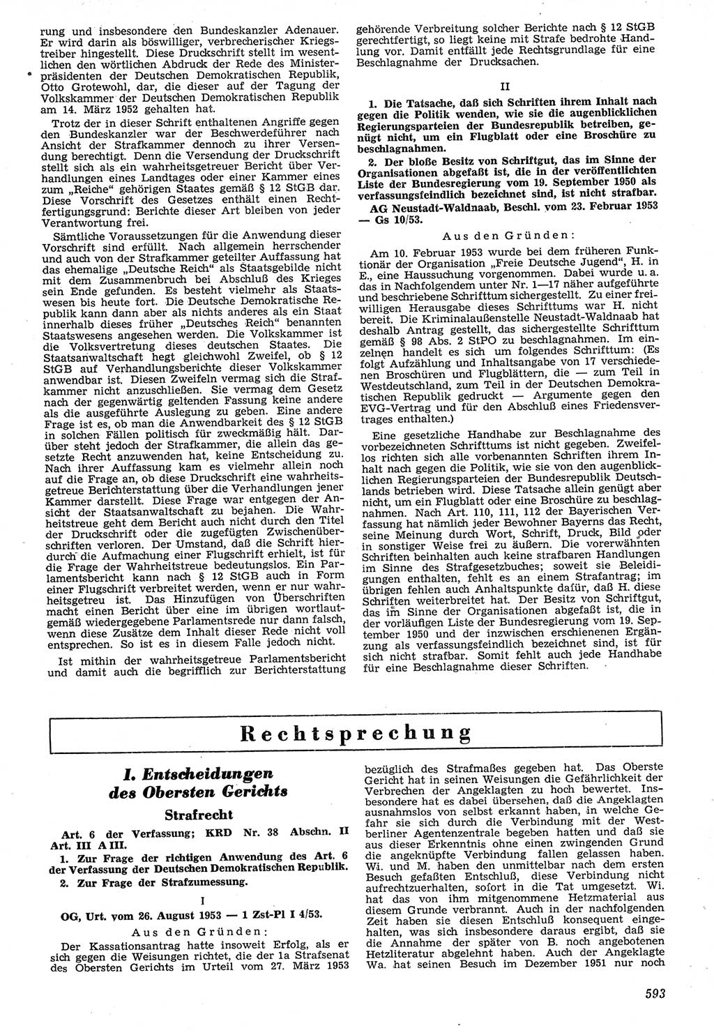 Neue Justiz (NJ), Zeitschrift für Recht und Rechtswissenschaft [Deutsche Demokratische Republik (DDR)], 7. Jahrgang 1953, Seite 593 (NJ DDR 1953, S. 593)