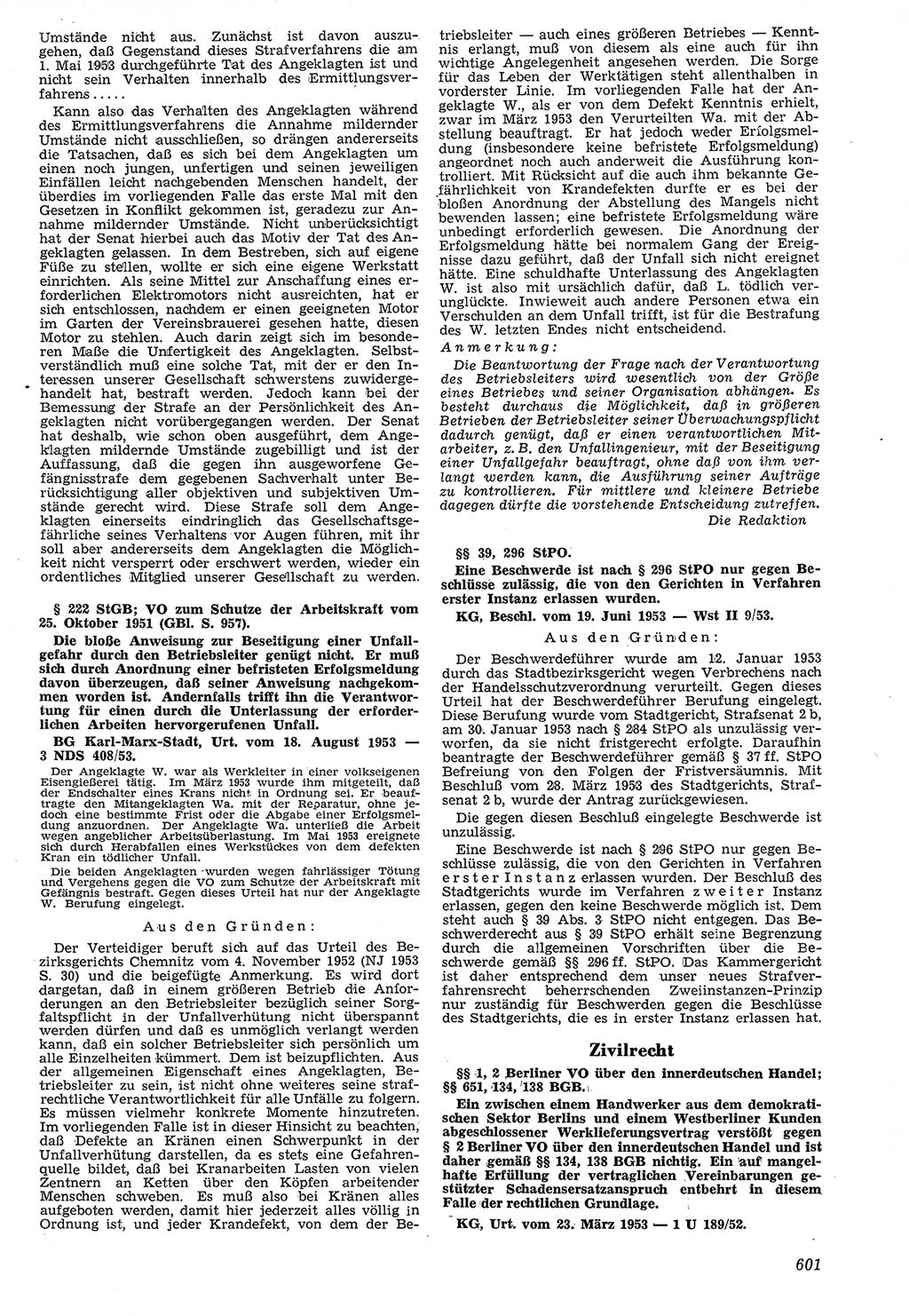Neue Justiz (NJ), Zeitschrift für Recht und Rechtswissenschaft [Deutsche Demokratische Republik (DDR)], 7. Jahrgang 1953, Seite 601 (NJ DDR 1953, S. 601)