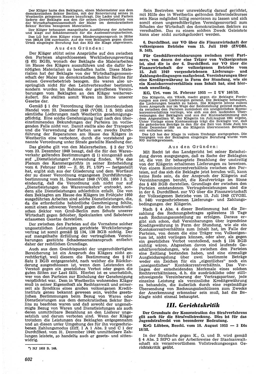 Neue Justiz (NJ), Zeitschrift für Recht und Rechtswissenschaft [Deutsche Demokratische Republik (DDR)], 7. Jahrgang 1953, Seite 602 (NJ DDR 1953, S. 602)