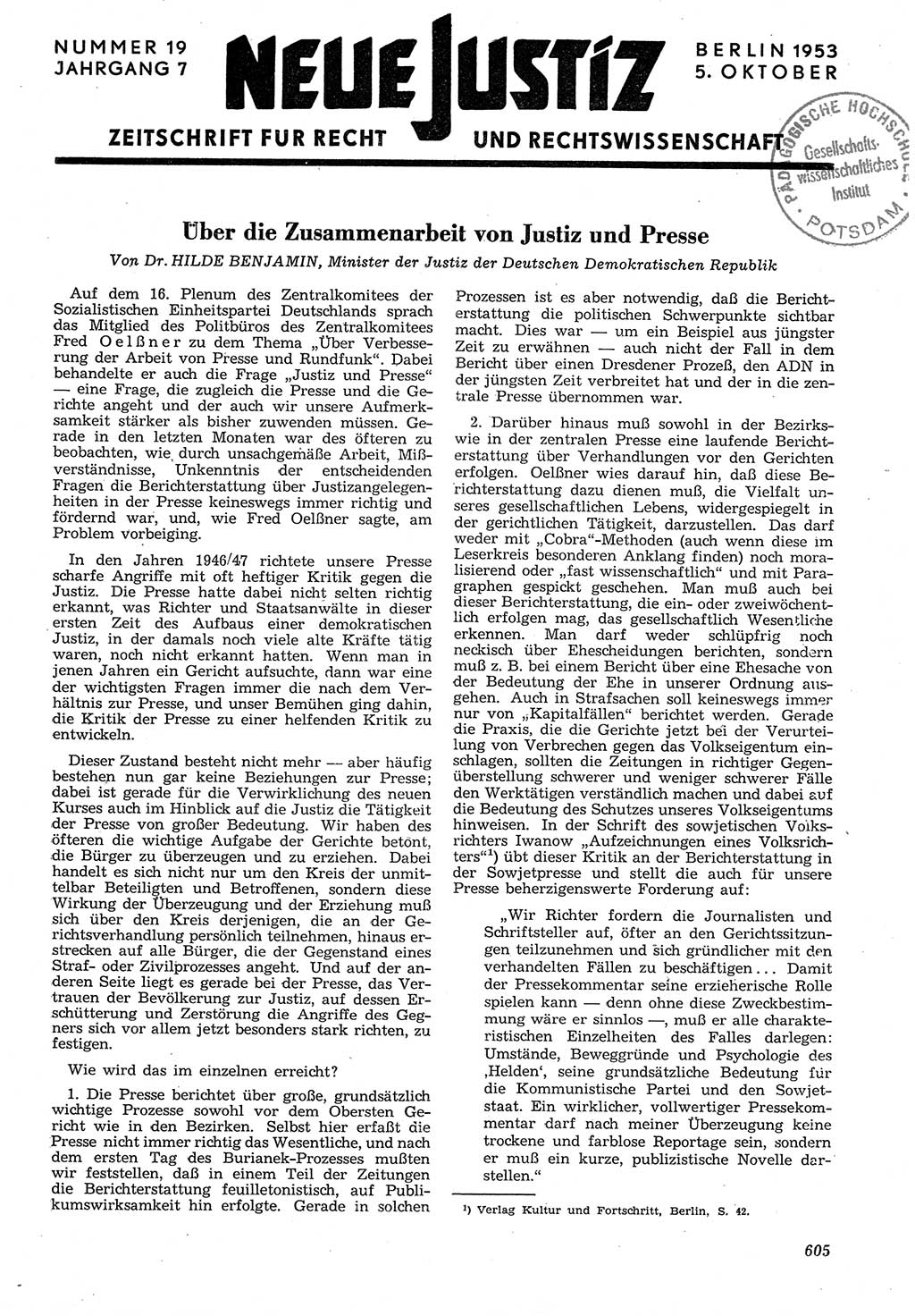 Neue Justiz (NJ), Zeitschrift für Recht und Rechtswissenschaft [Deutsche Demokratische Republik (DDR)], 7. Jahrgang 1953, Seite 605 (NJ DDR 1953, S. 605)