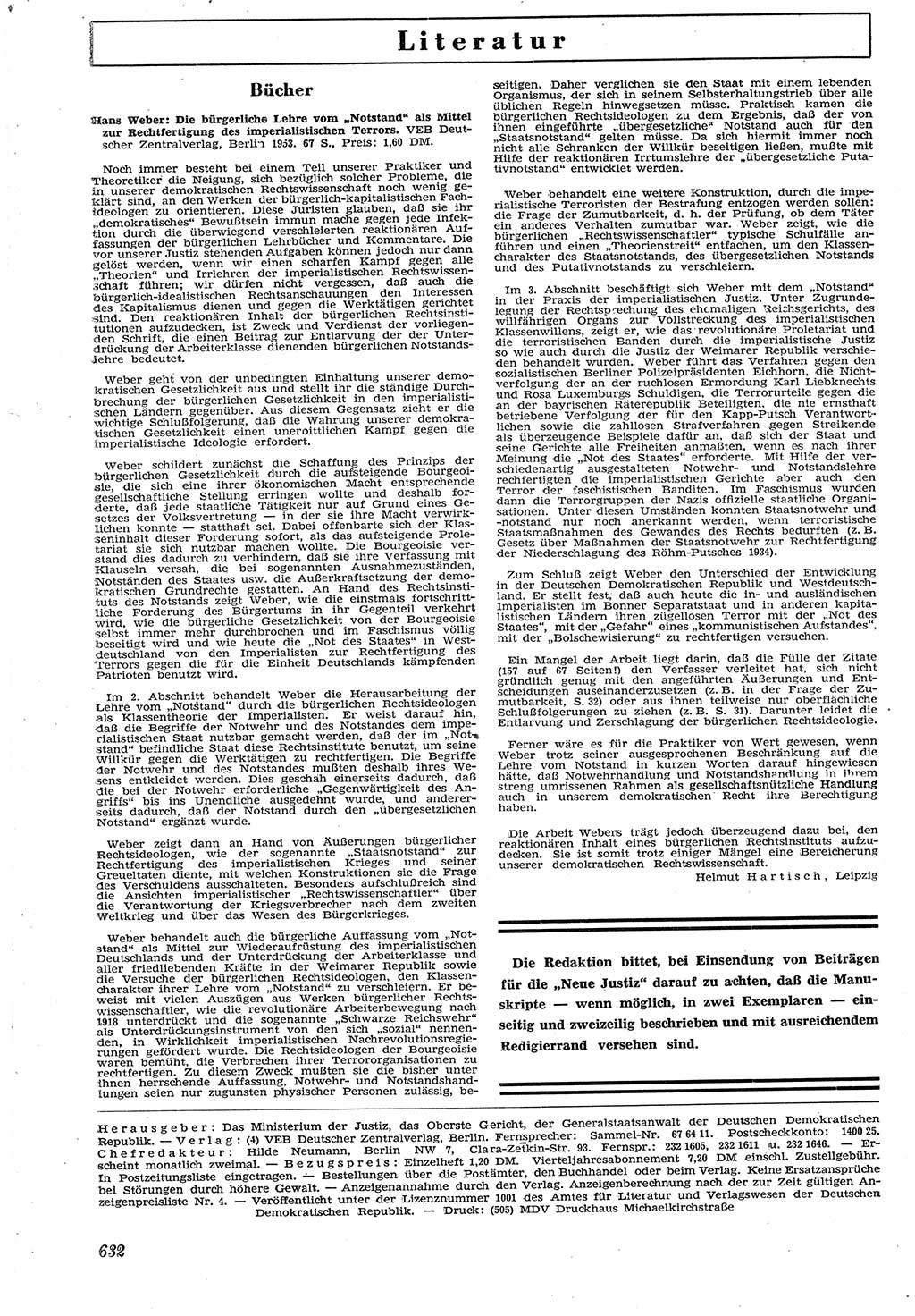 Neue Justiz (NJ), Zeitschrift für Recht und Rechtswissenschaft [Deutsche Demokratische Republik (DDR)], 7. Jahrgang 1953, Seite 632 (NJ DDR 1953, S. 632)