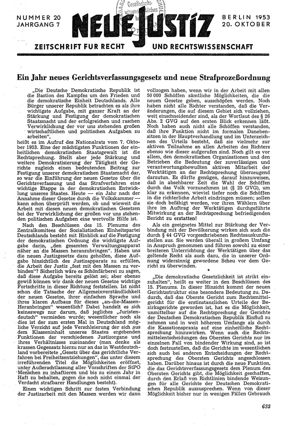 Neue Justiz (NJ), Zeitschrift für Recht und Rechtswissenschaft [Deutsche Demokratische Republik (DDR)], 7. Jahrgang 1953, Seite 633 (NJ DDR 1953, S. 633)