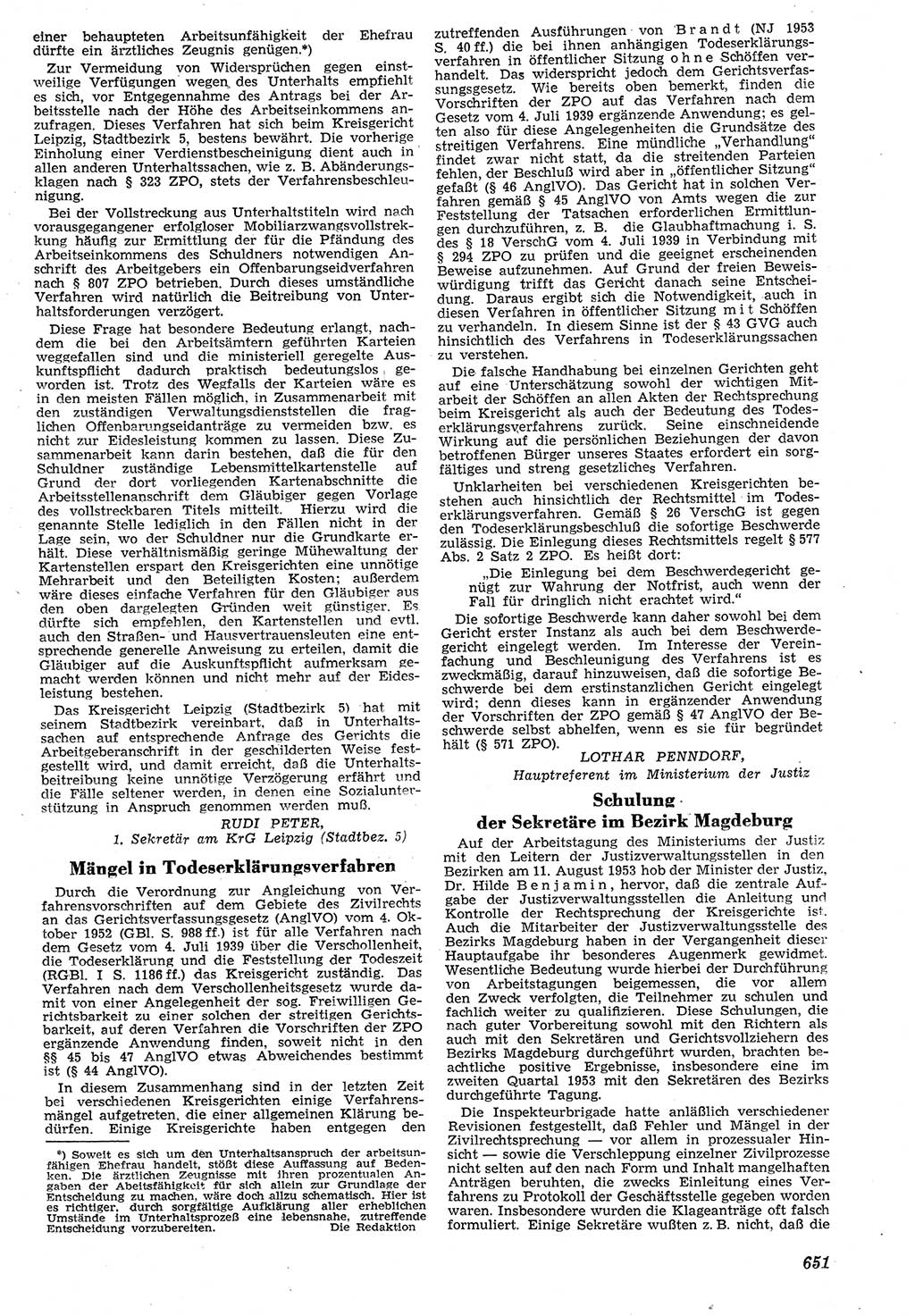 Neue Justiz (NJ), Zeitschrift für Recht und Rechtswissenschaft [Deutsche Demokratische Republik (DDR)], 7. Jahrgang 1953, Seite 651 (NJ DDR 1953, S. 651)