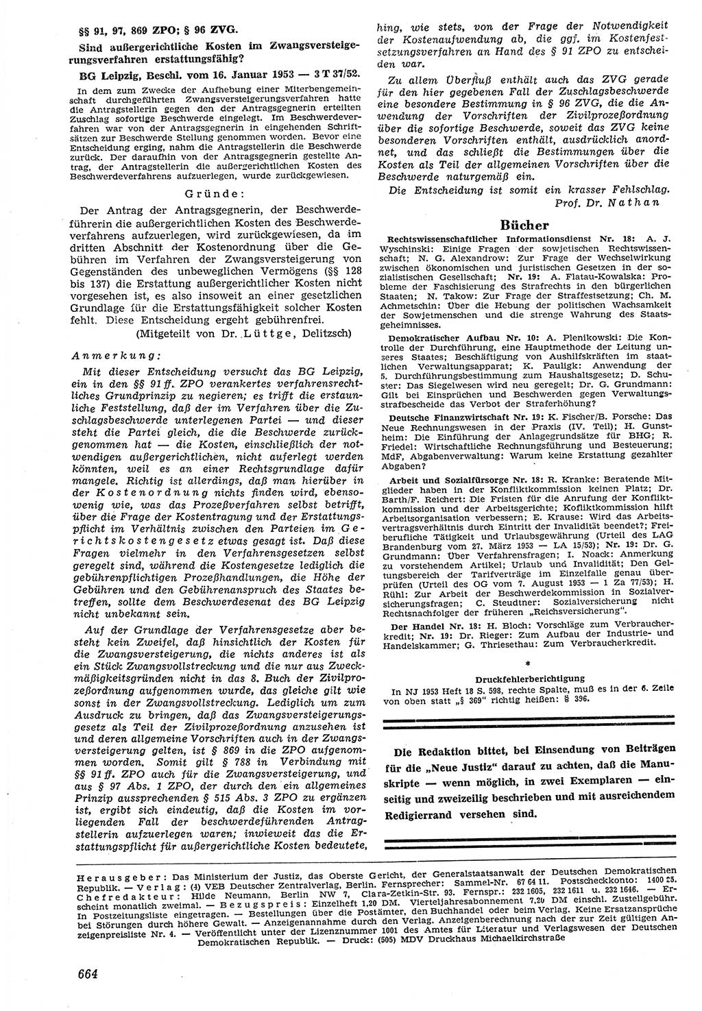 Neue Justiz (NJ), Zeitschrift für Recht und Rechtswissenschaft [Deutsche Demokratische Republik (DDR)], 7. Jahrgang 1953, Seite 664 (NJ DDR 1953, S. 664)
