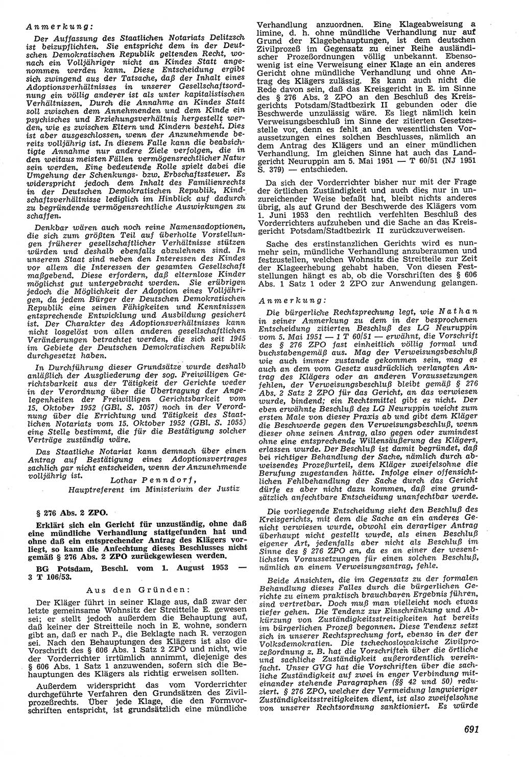 Neue Justiz (NJ), Zeitschrift für Recht und Rechtswissenschaft [Deutsche Demokratische Republik (DDR)], 7. Jahrgang 1953, Seite 691 (NJ DDR 1953, S. 691)