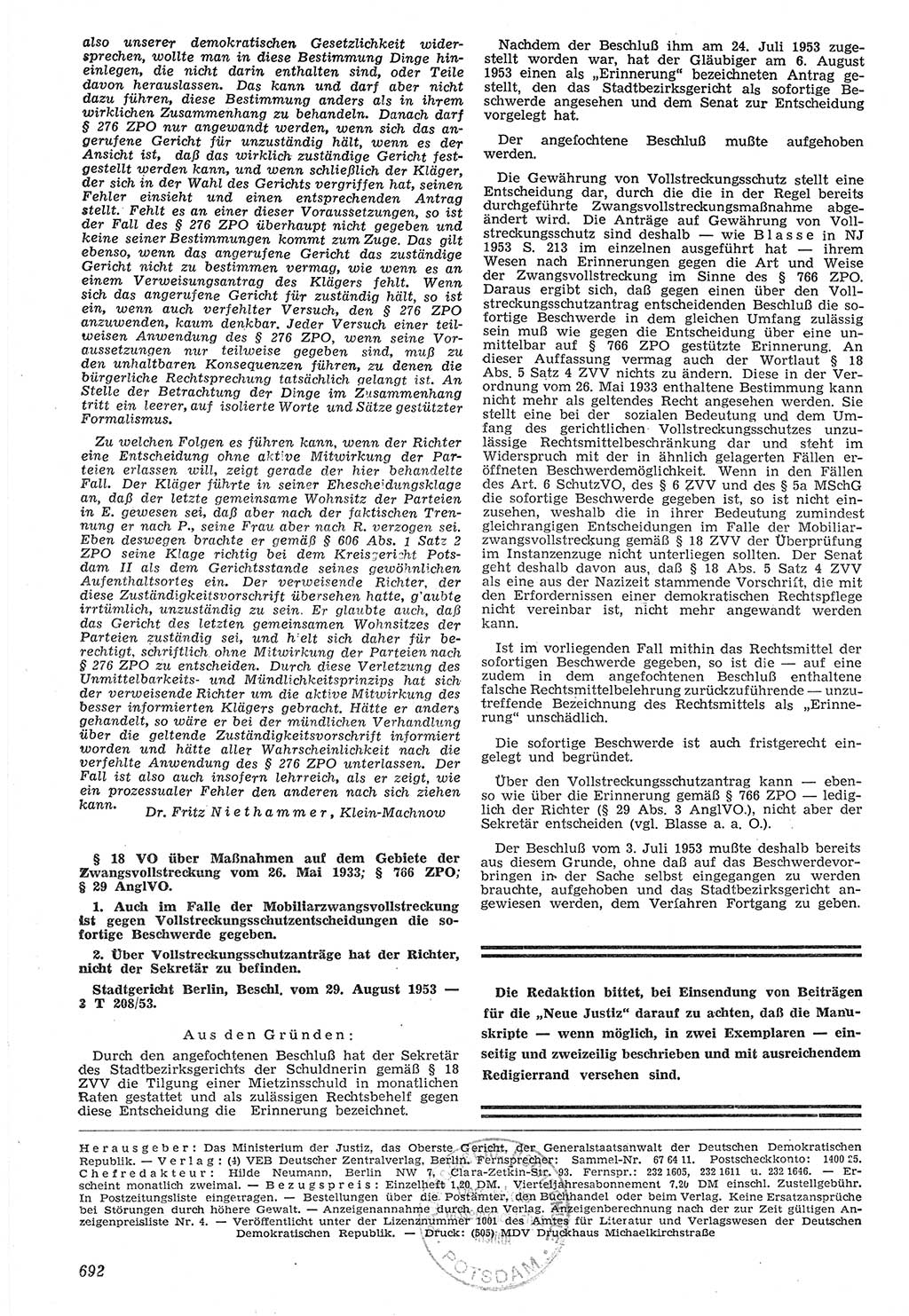 Neue Justiz (NJ), Zeitschrift für Recht und Rechtswissenschaft [Deutsche Demokratische Republik (DDR)], 7. Jahrgang 1953, Seite 692 (NJ DDR 1953, S. 692)