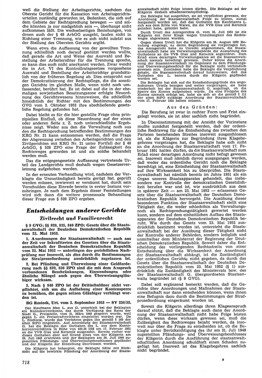 Neue Justiz (NJ), Zeitschrift für Recht und Rechtswissenschaft [Deutsche Demokratische Republik (DDR)], 7. Jahrgang 1953, Seite 718 (NJ DDR 1953, S. 718)