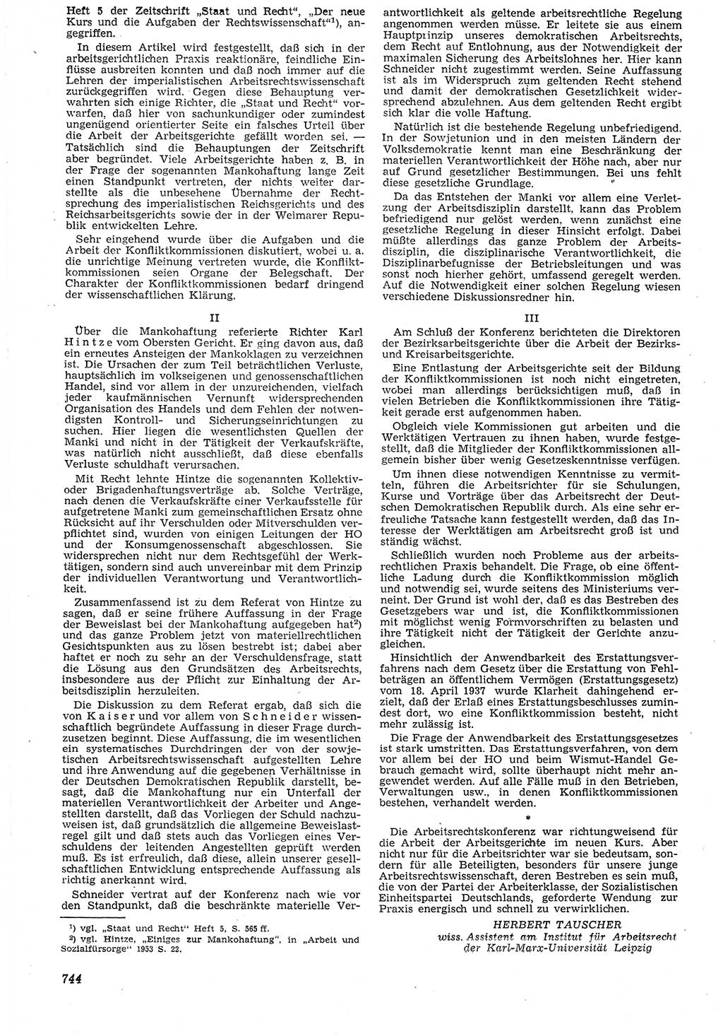 Neue Justiz (NJ), Zeitschrift für Recht und Rechtswissenschaft [Deutsche Demokratische Republik (DDR)], 7. Jahrgang 1953, Seite 744 (NJ DDR 1953, S. 744)
