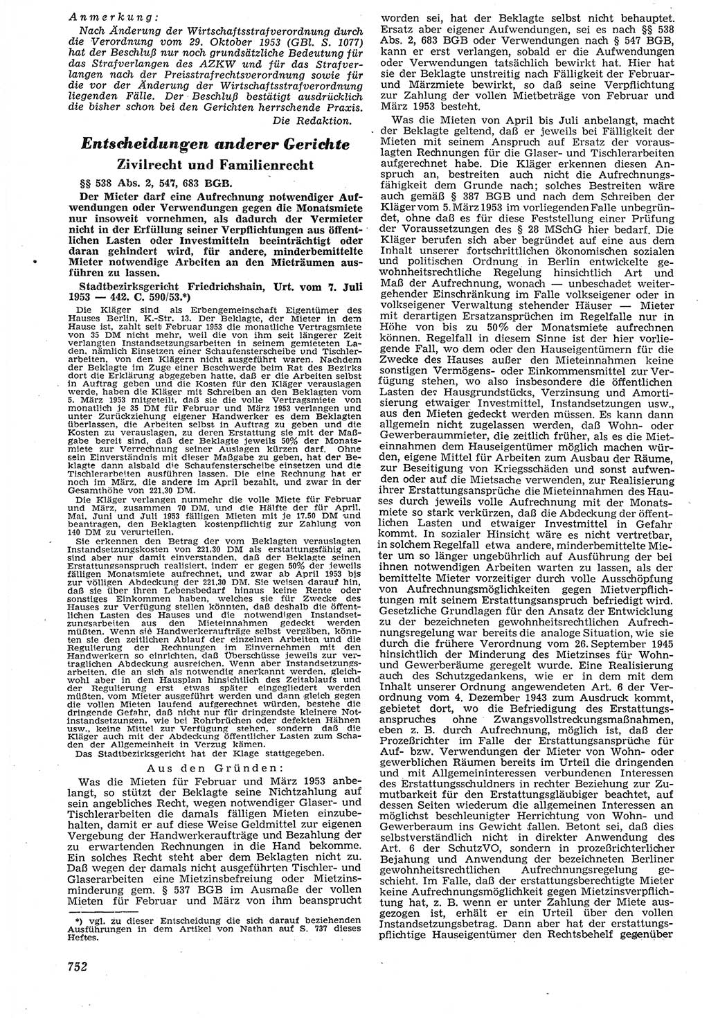 Neue Justiz (NJ), Zeitschrift für Recht und Rechtswissenschaft [Deutsche Demokratische Republik (DDR)], 7. Jahrgang 1953, Seite 752 (NJ DDR 1953, S. 752)