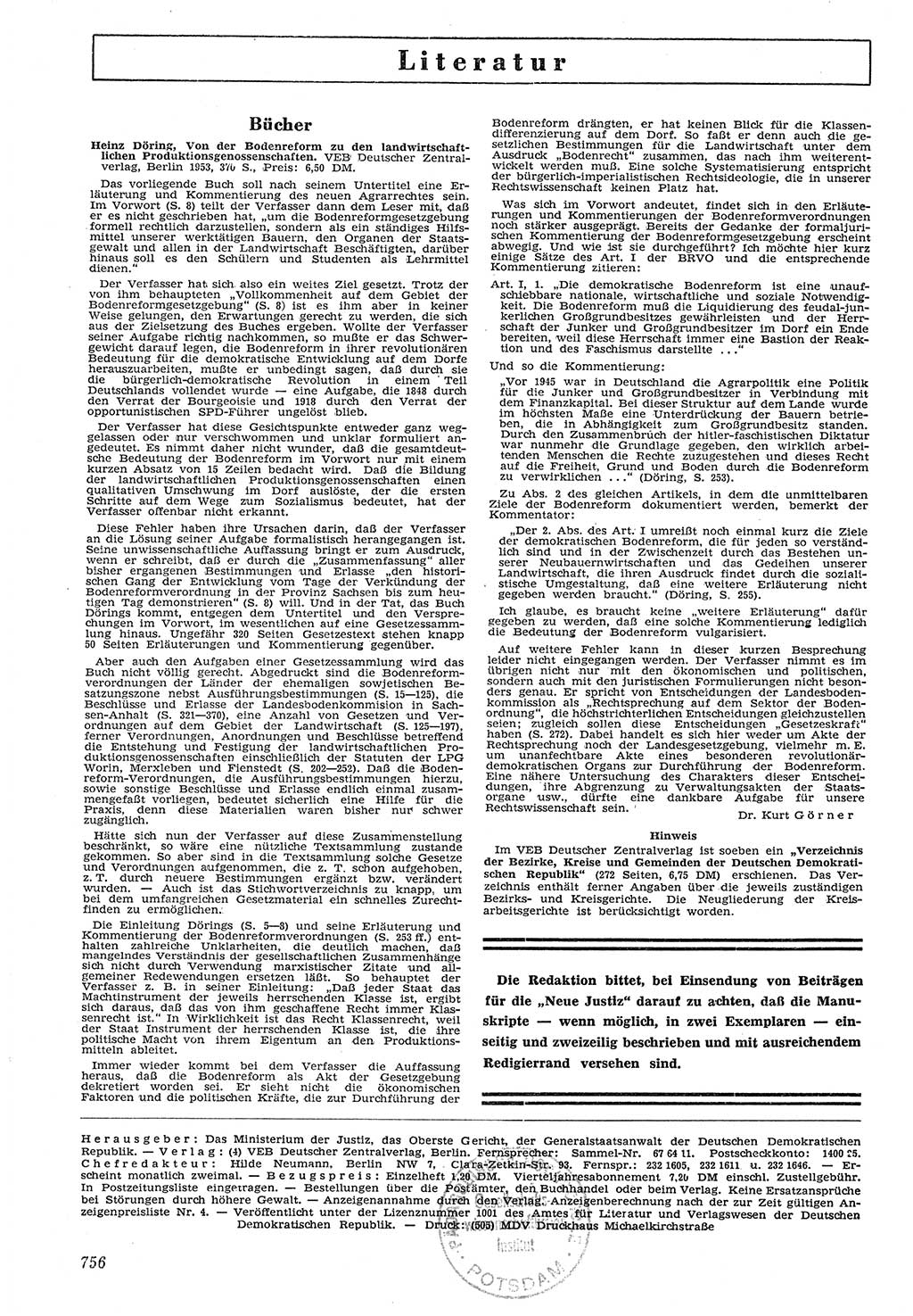 Neue Justiz (NJ), Zeitschrift für Recht und Rechtswissenschaft [Deutsche Demokratische Republik (DDR)], 7. Jahrgang 1953, Seite 756 (NJ DDR 1953, S. 756)
