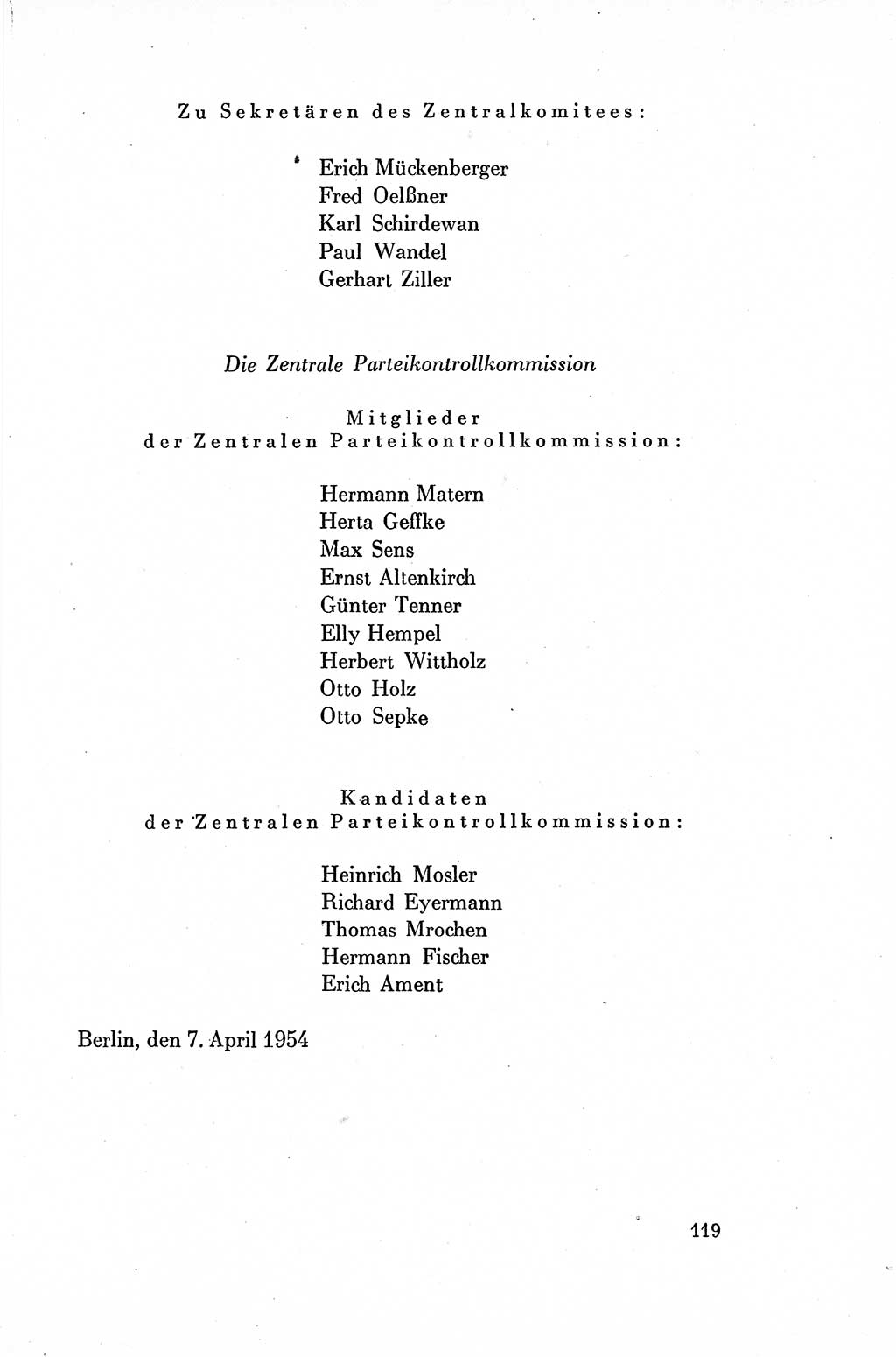 Dokumente der Sozialistischen Einheitspartei Deutschlands (SED) [Deutsche Demokratische Republik (DDR)] 1954-1955, Seite 119 (Dok. SED DDR 1954-1955, S. 119)