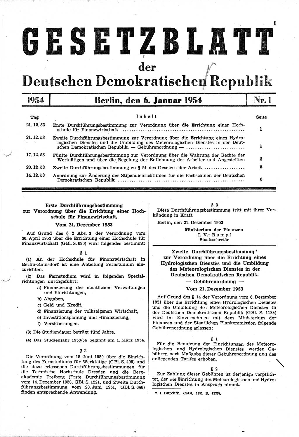 Gesetzblatt (GBl.) der Deutschen Demokratischen Republik (DDR) 1954, Seite 1 (GBl. DDR 1954, S. 1)