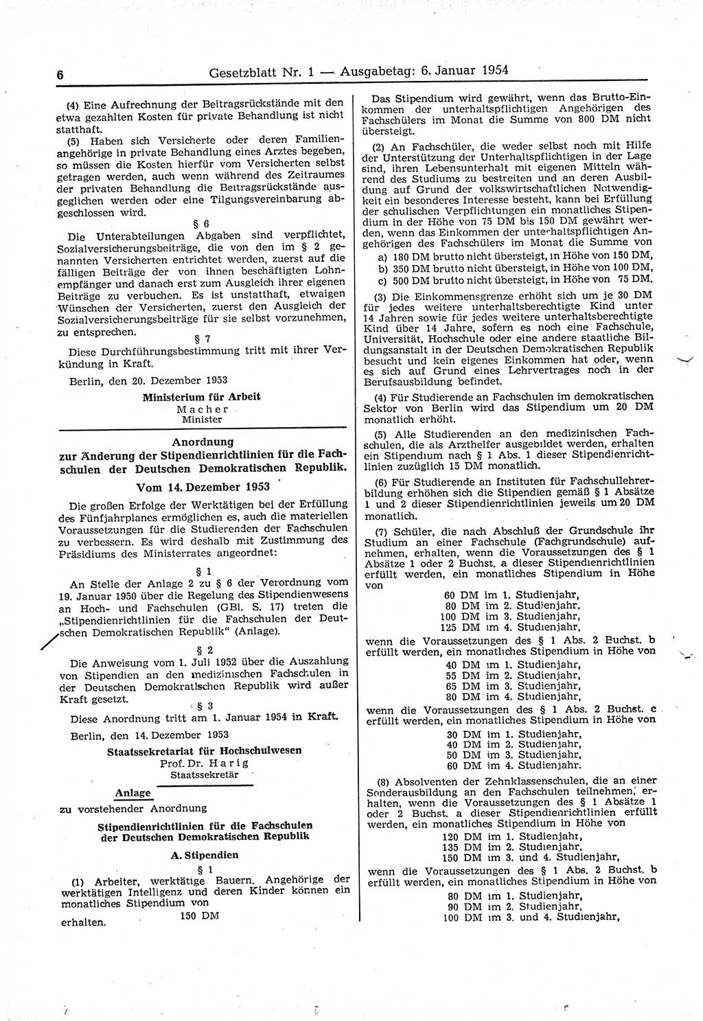 Gesetzblatt (GBl.) der Deutschen Demokratischen Republik (DDR) 1954, Seite 6 (GBl. DDR 1954, S. 6)