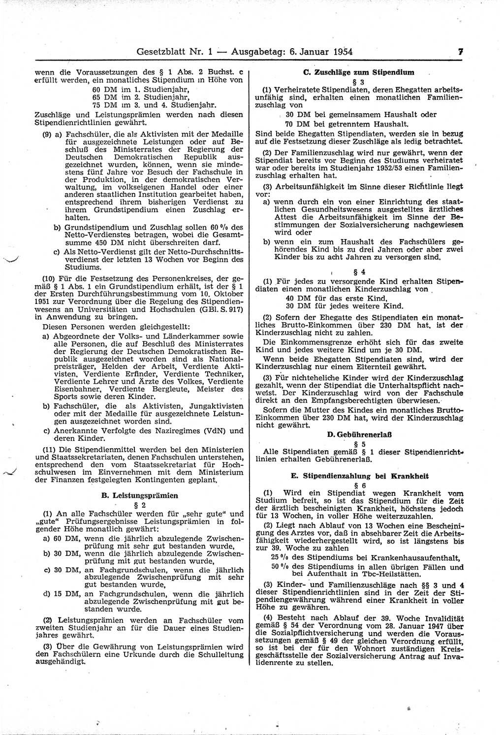 Gesetzblatt (GBl.) der Deutschen Demokratischen Republik (DDR) 1954, Seite 7 (GBl. DDR 1954, S. 7)