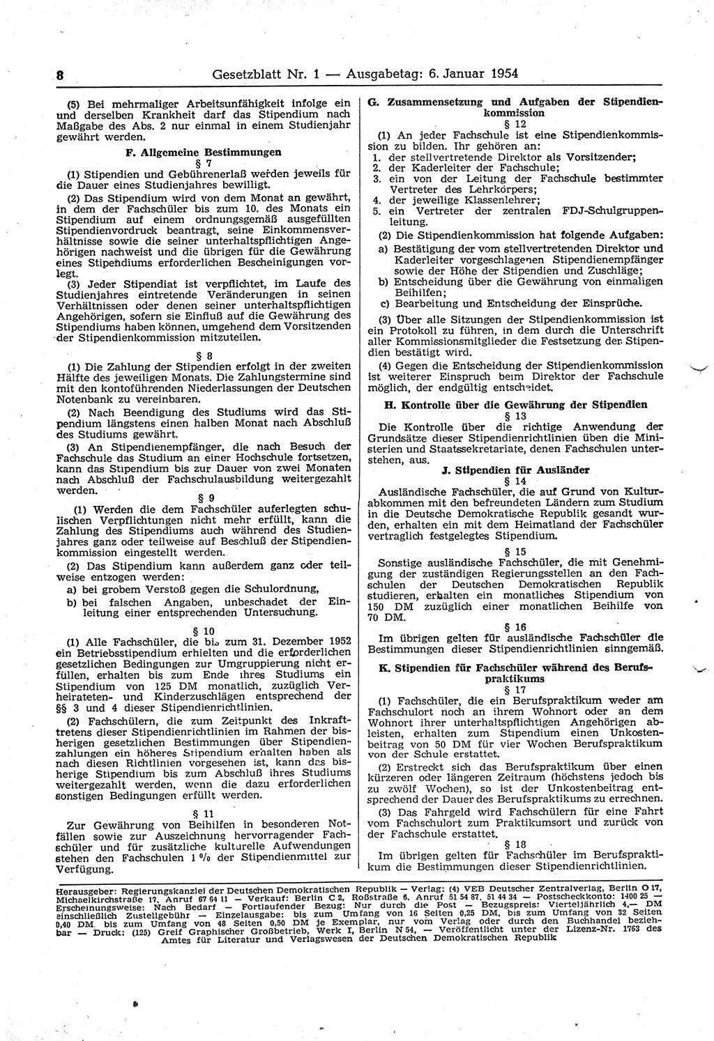Gesetzblatt (GBl.) der Deutschen Demokratischen Republik (DDR) 1954, Seite 8 (GBl. DDR 1954, S. 8)