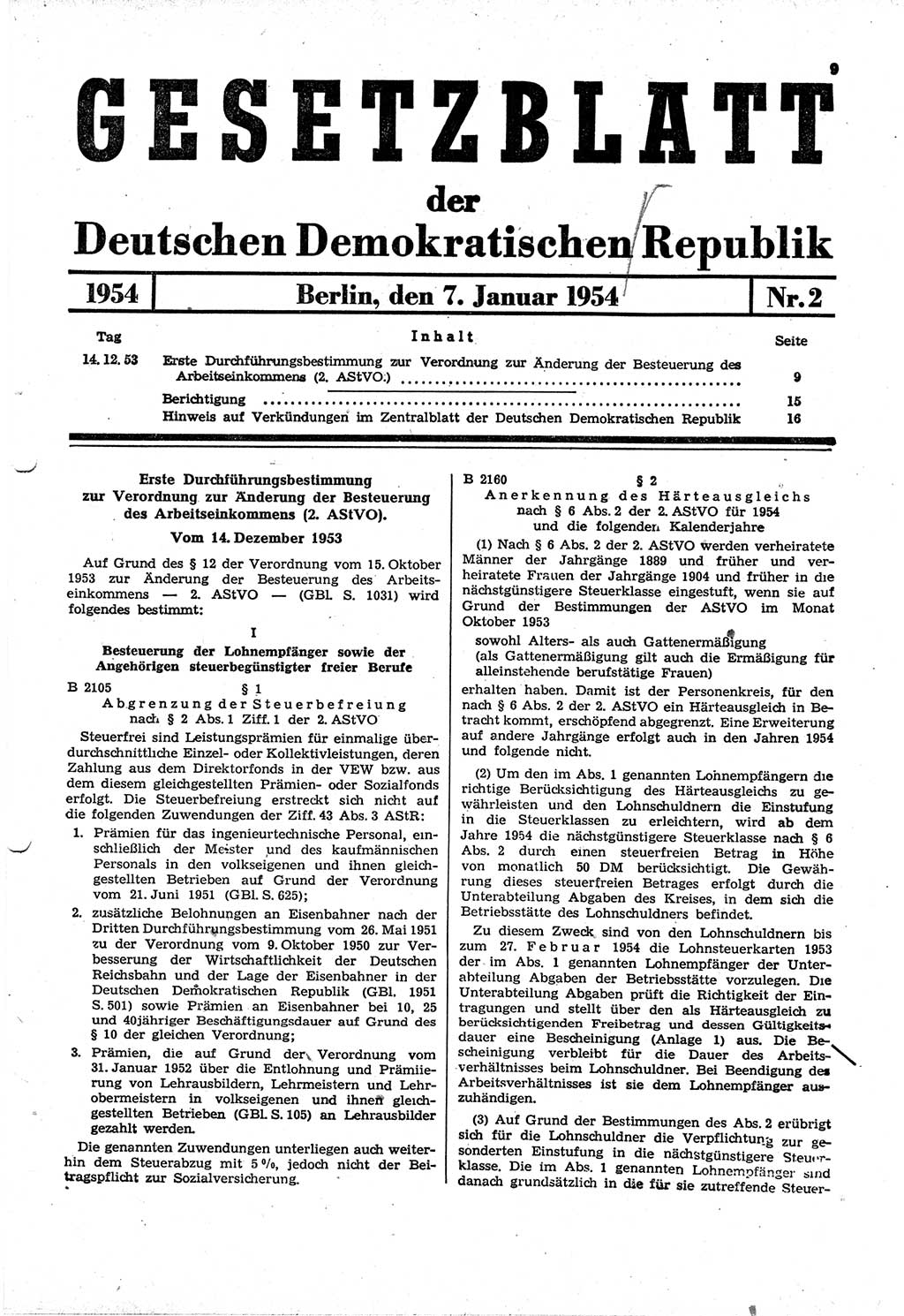 Gesetzblatt (GBl.) der Deutschen Demokratischen Republik (DDR) 1954, Seite 9 (GBl. DDR 1954, S. 9)