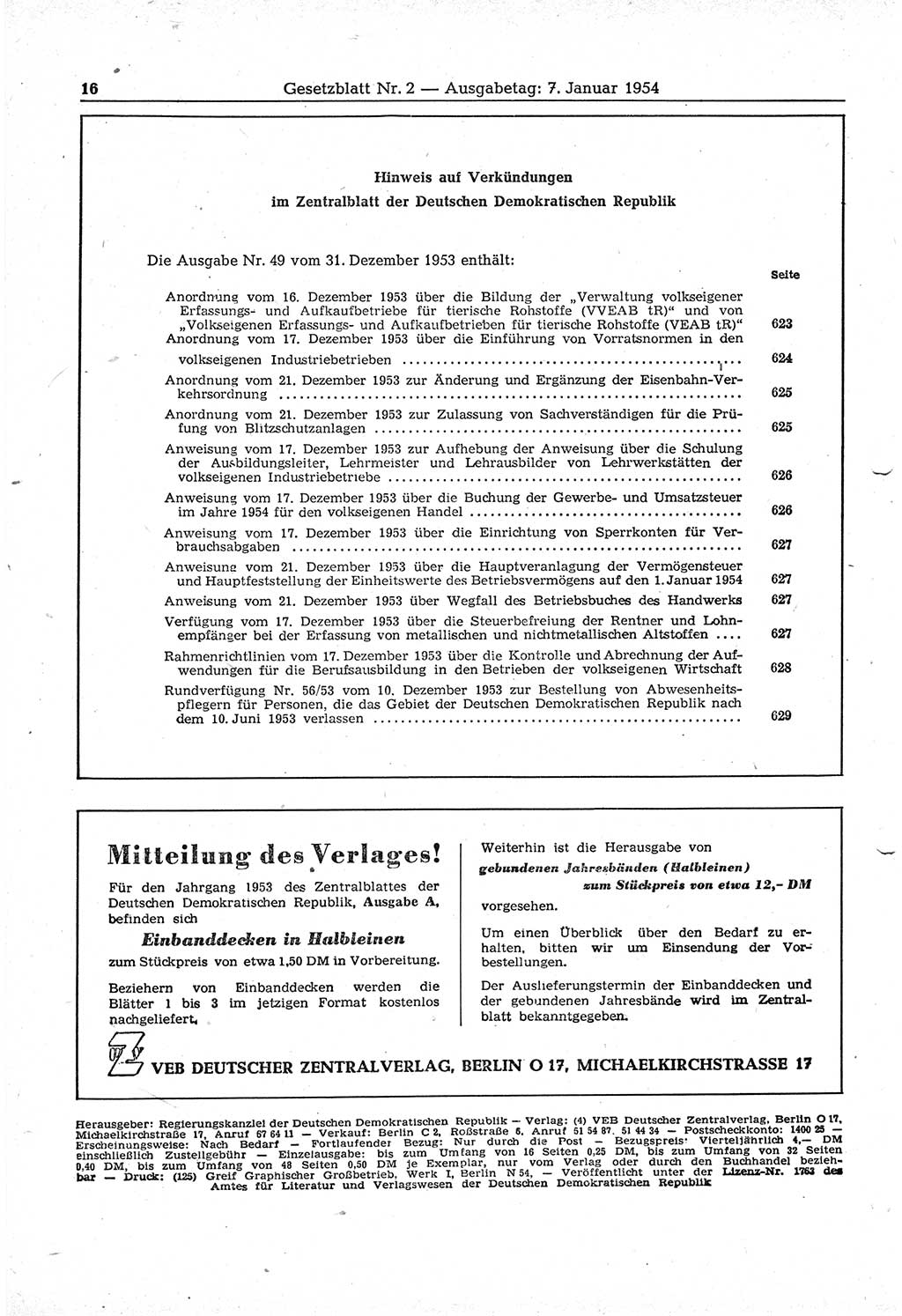 Gesetzblatt (GBl.) der Deutschen Demokratischen Republik (DDR) 1954, Seite 16 (GBl. DDR 1954, S. 16)