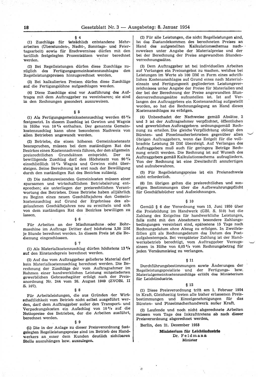 Gesetzblatt (GBl.) der Deutschen Demokratischen Republik (DDR) 1954, Seite 18 (GBl. DDR 1954, S. 18)