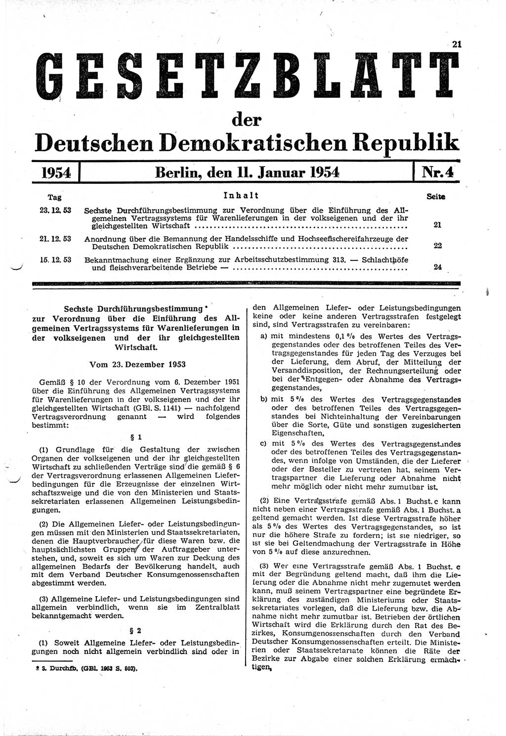 Gesetzblatt (GBl.) der Deutschen Demokratischen Republik (DDR) 1954, Seite 21 (GBl. DDR 1954, S. 21)