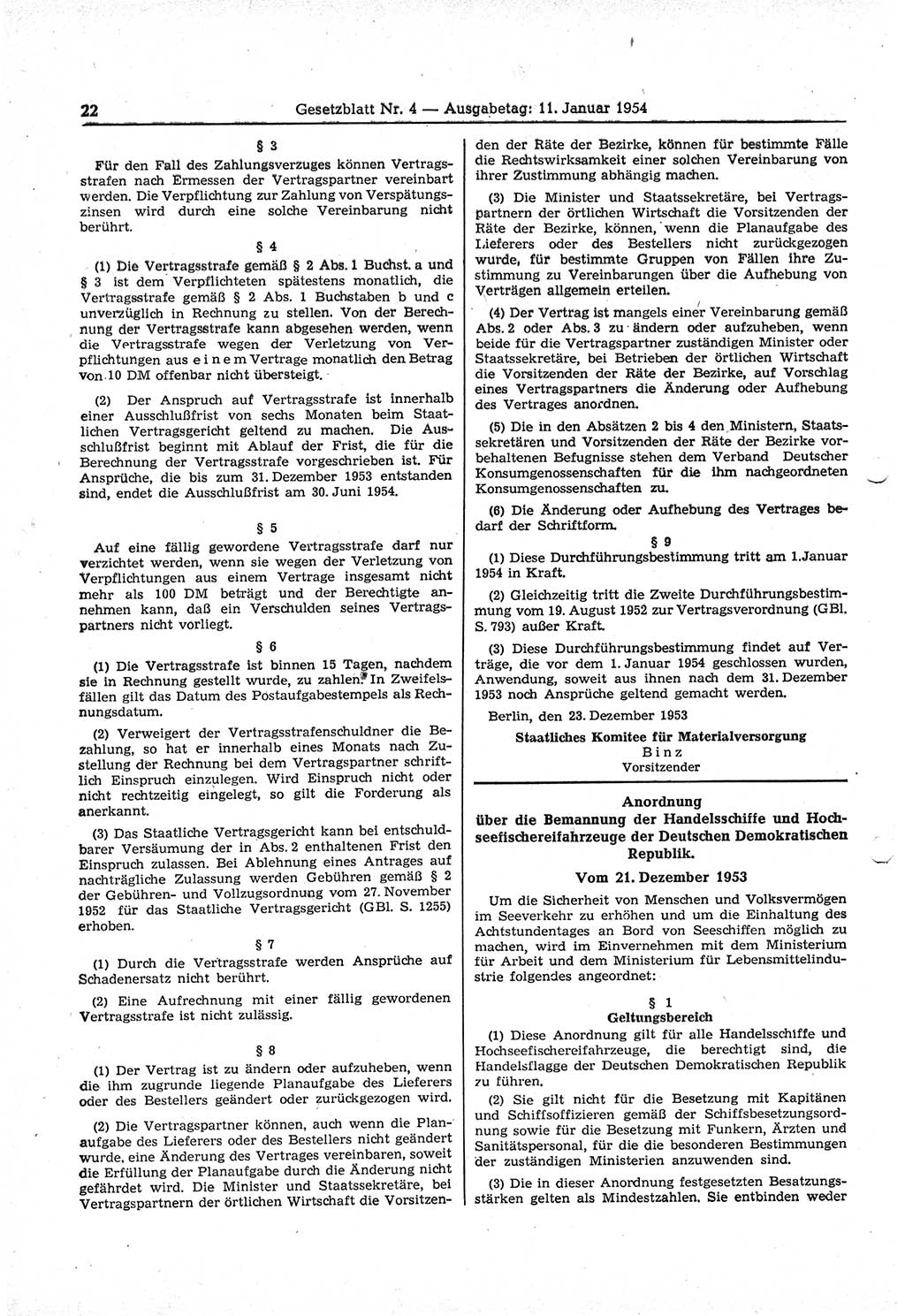Gesetzblatt (GBl.) der Deutschen Demokratischen Republik (DDR) 1954, Seite 22 (GBl. DDR 1954, S. 22)