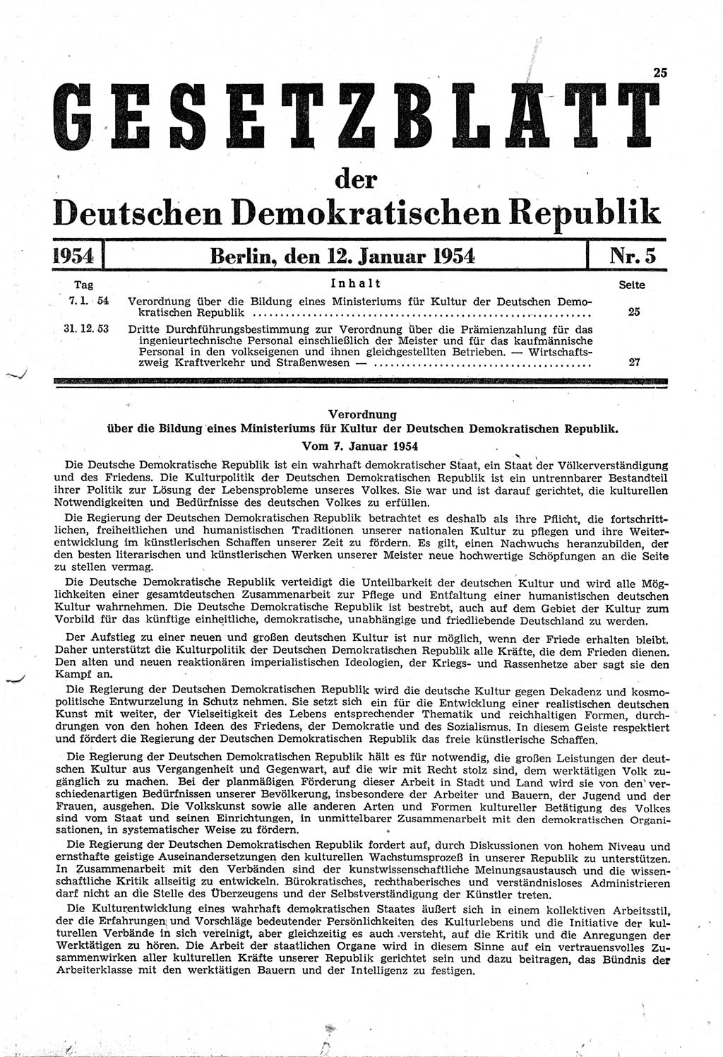 Gesetzblatt (GBl.) der Deutschen Demokratischen Republik (DDR) 1954, Seite 25 (GBl. DDR 1954, S. 25)