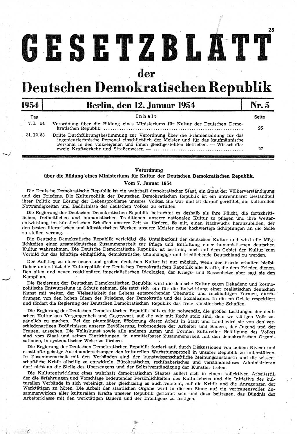 Gesetzblatt (GBl.) der Deutschen Demokratischen Republik (DDR) 1954, Seite 25 (GBl. DDR 1954, S. 25)