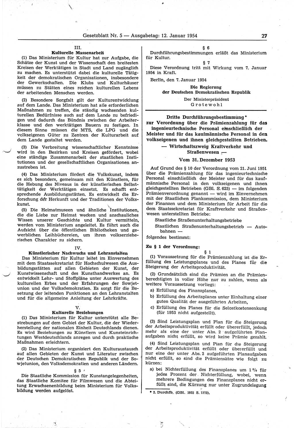 Gesetzblatt (GBl.) der Deutschen Demokratischen Republik (DDR) 1954, Seite 27 (GBl. DDR 1954, S. 27)