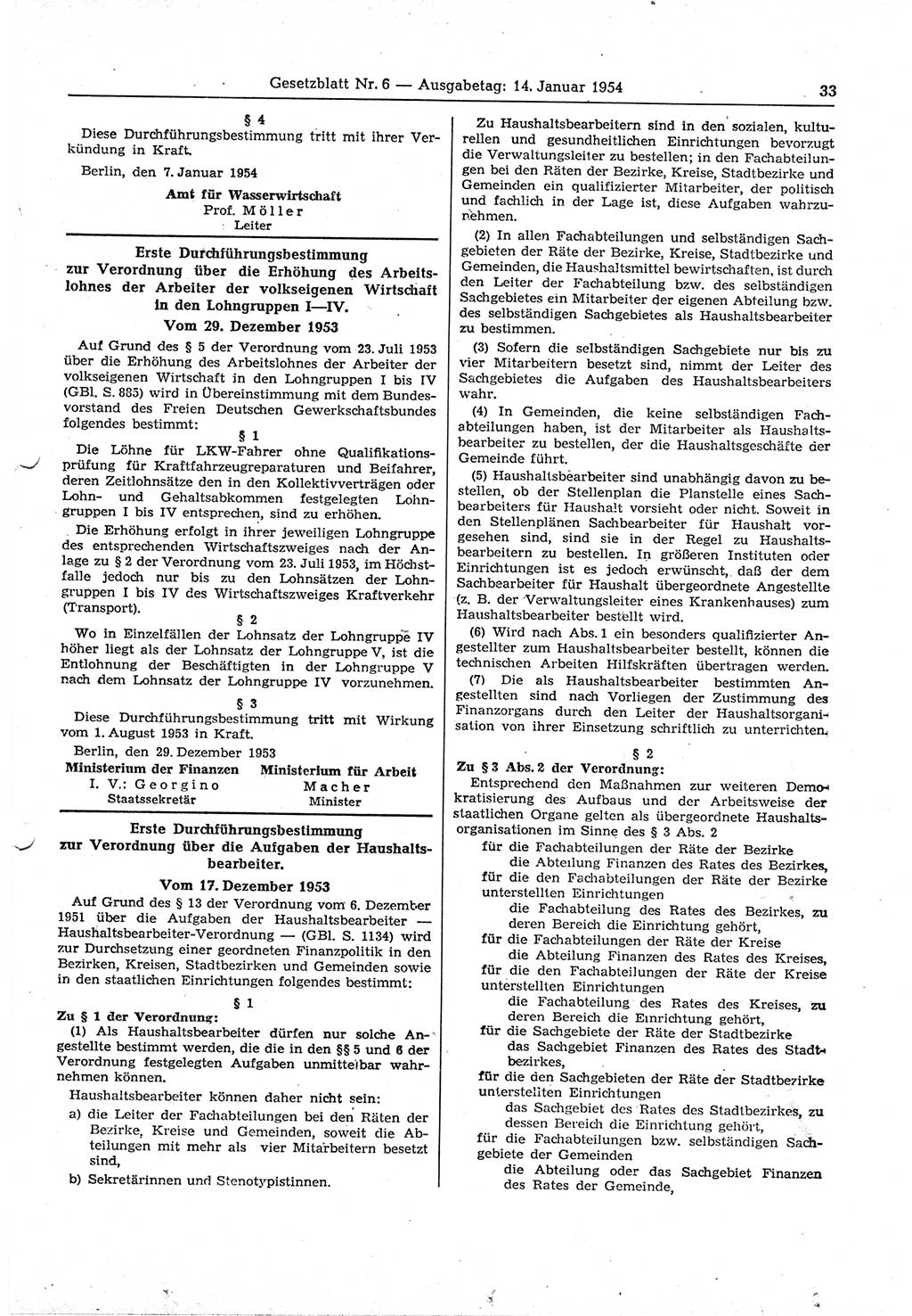 Gesetzblatt (GBl.) der Deutschen Demokratischen Republik (DDR) 1954, Seite 33 (GBl. DDR 1954, S. 33)