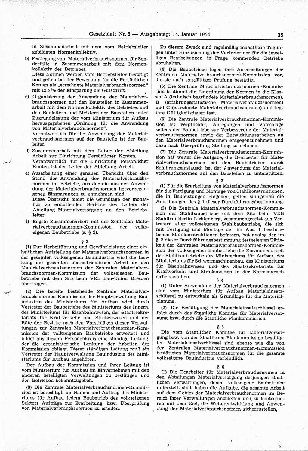 Gesetzblatt (GBl.) der Deutschen Demokratischen Republik (DDR) 1954, Seite 35 (GBl. DDR 1954, S. 35)