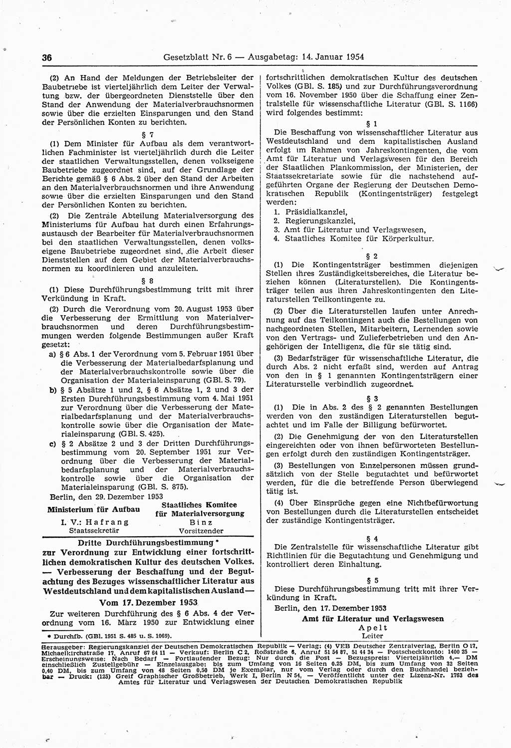 Gesetzblatt (GBl.) der Deutschen Demokratischen Republik (DDR) 1954, Seite 36 (GBl. DDR 1954, S. 36)