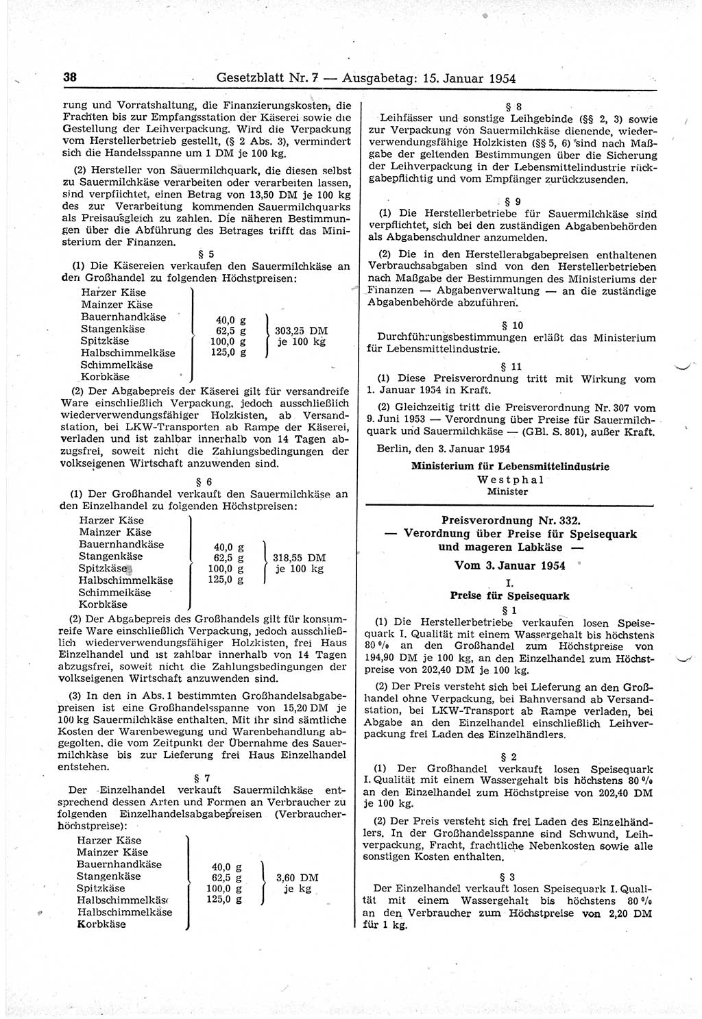Gesetzblatt (GBl.) der Deutschen Demokratischen Republik (DDR) 1954, Seite 38 (GBl. DDR 1954, S. 38)