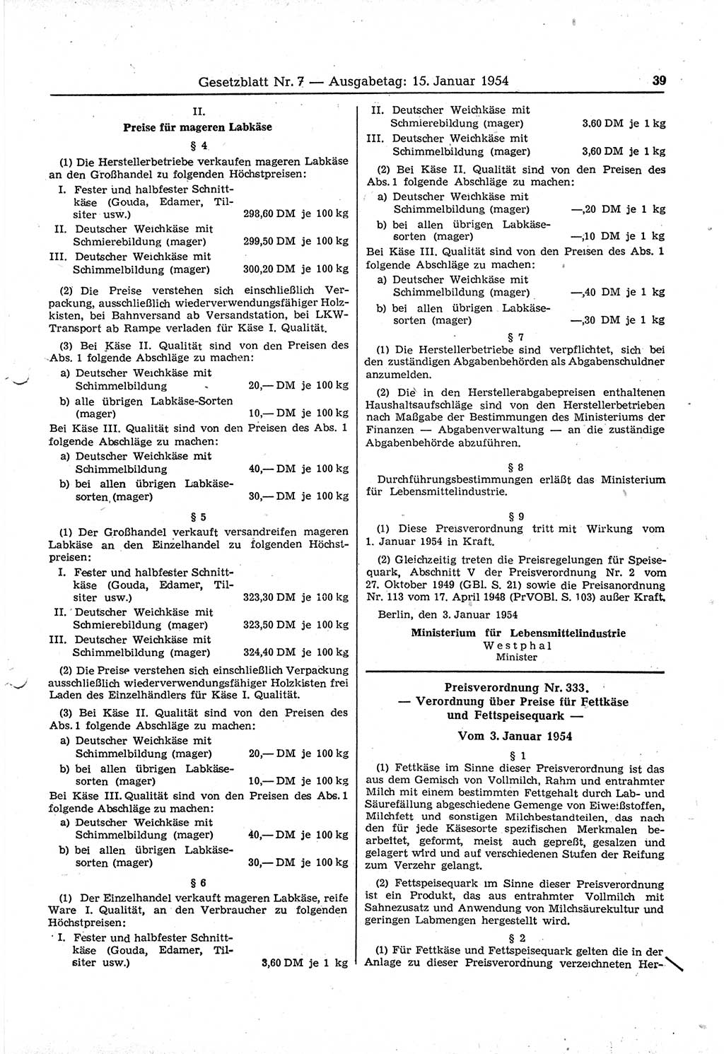 Gesetzblatt (GBl.) der Deutschen Demokratischen Republik (DDR) 1954, Seite 39 (GBl. DDR 1954, S. 39)