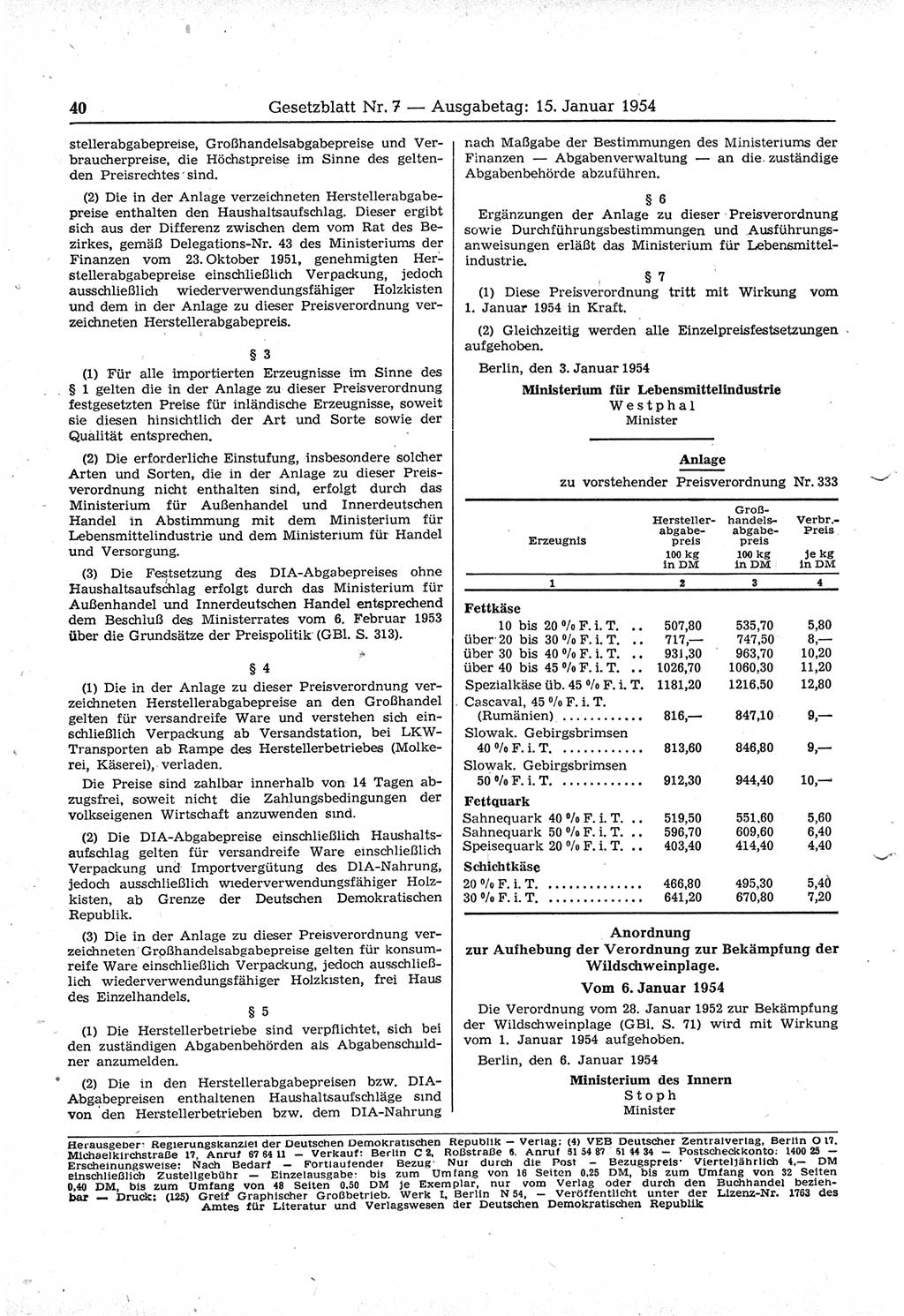 Gesetzblatt (GBl.) der Deutschen Demokratischen Republik (DDR) 1954, Seite 40 (GBl. DDR 1954, S. 40)