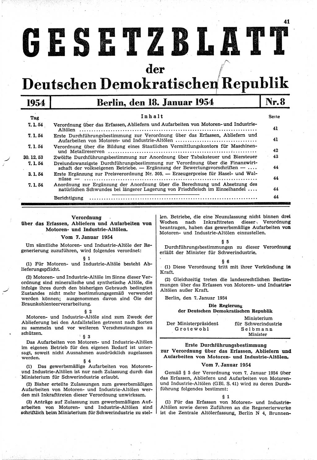 Gesetzblatt (GBl.) der Deutschen Demokratischen Republik (DDR) 1954, Seite 41 (GBl. DDR 1954, S. 41)
