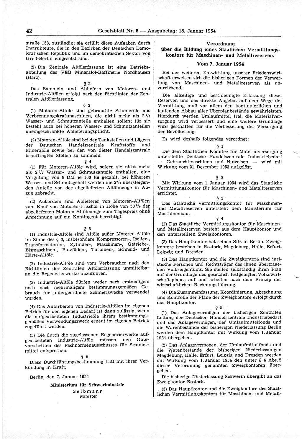 Gesetzblatt (GBl.) der Deutschen Demokratischen Republik (DDR) 1954, Seite 42 (GBl. DDR 1954, S. 42)