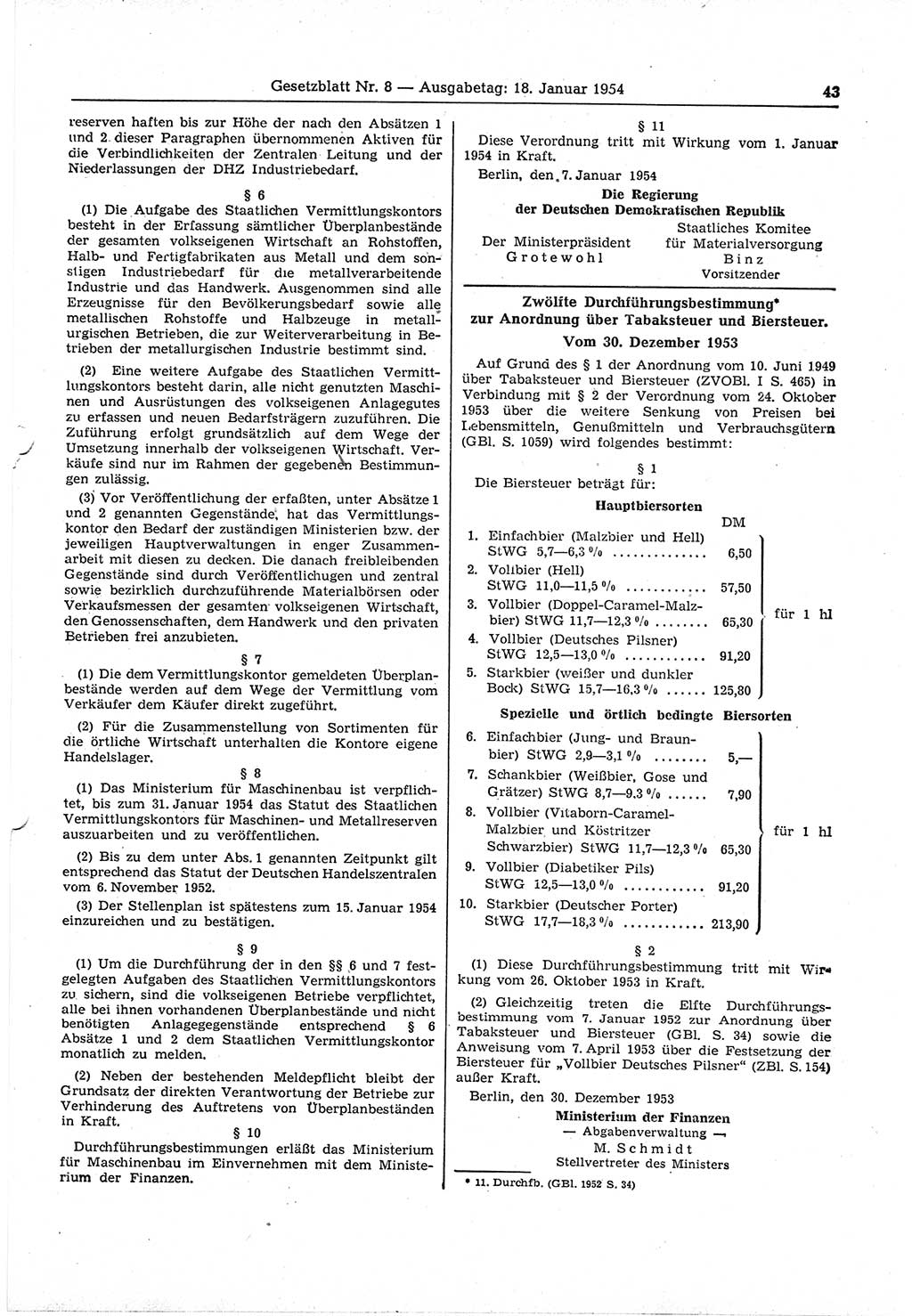 Gesetzblatt (GBl.) der Deutschen Demokratischen Republik (DDR) 1954, Seite 43 (GBl. DDR 1954, S. 43)