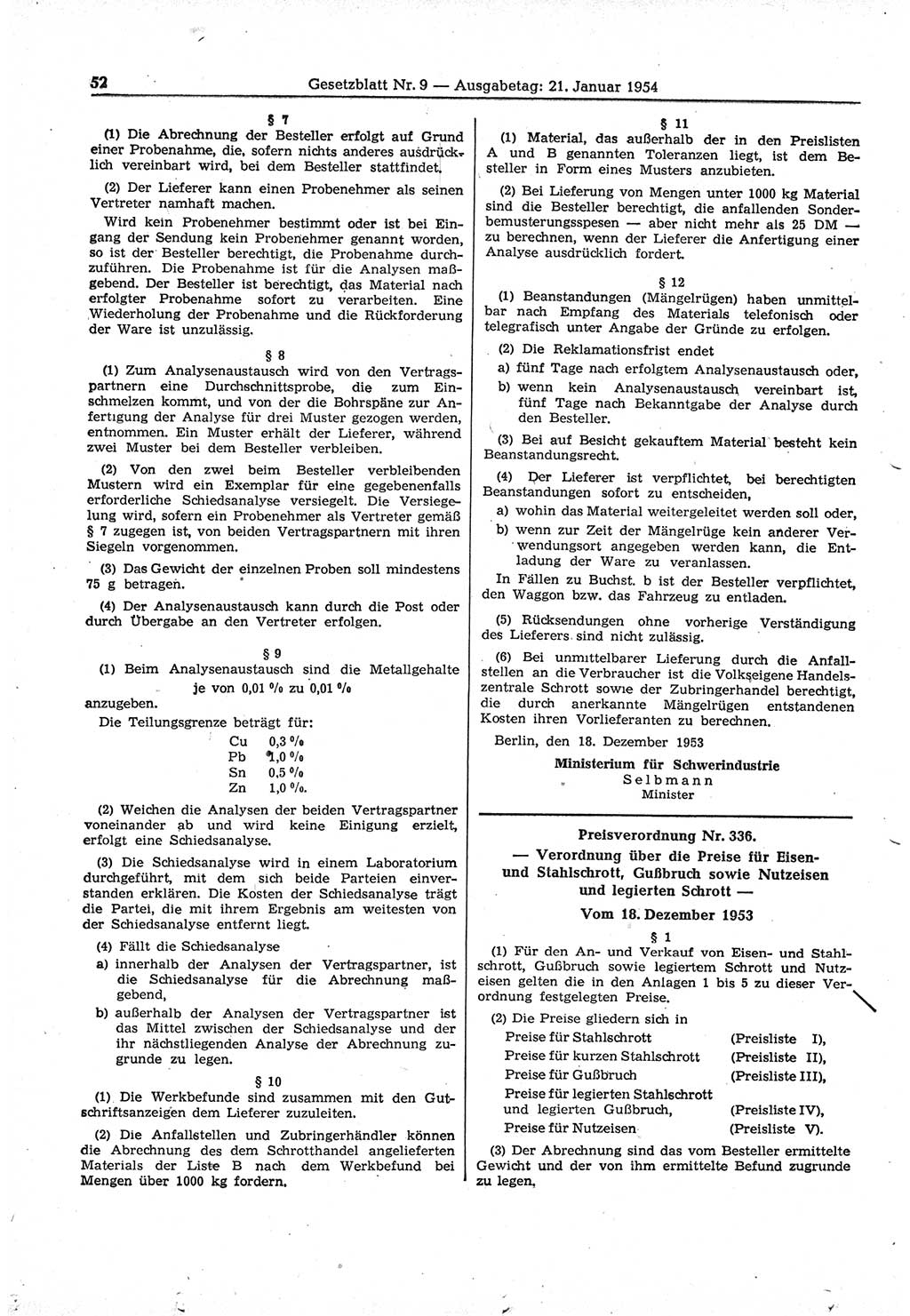 Gesetzblatt (GBl.) der Deutschen Demokratischen Republik (DDR) 1954, Seite 52 (GBl. DDR 1954, S. 52)
