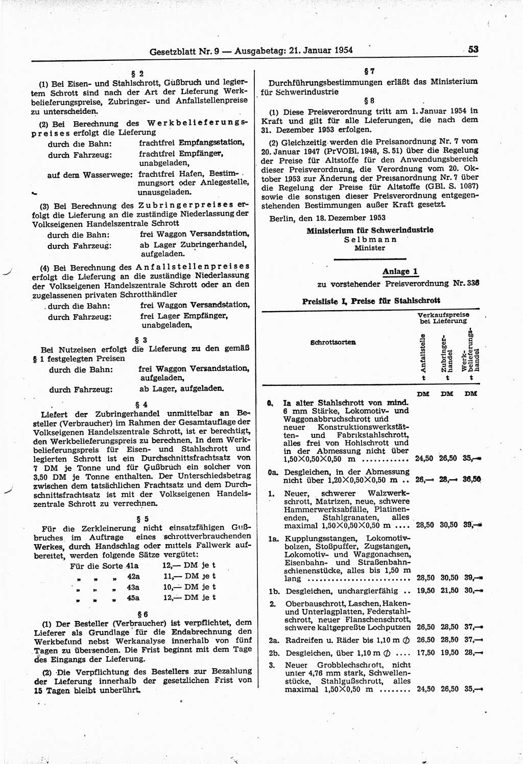 Gesetzblatt (GBl.) der Deutschen Demokratischen Republik (DDR) 1954, Seite 53 (GBl. DDR 1954, S. 53)