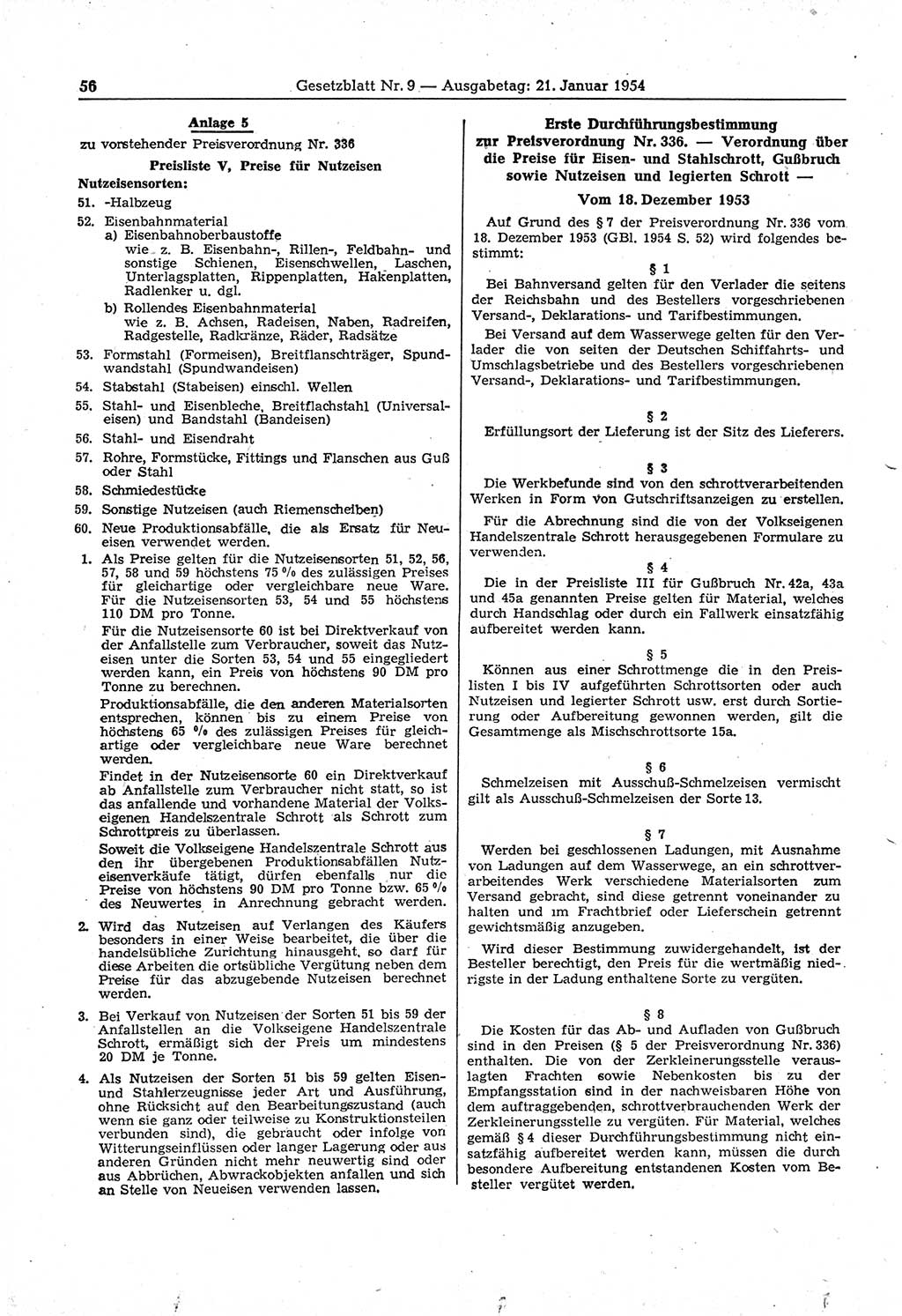 Gesetzblatt (GBl.) der Deutschen Demokratischen Republik (DDR) 1954, Seite 56 (GBl. DDR 1954, S. 56)