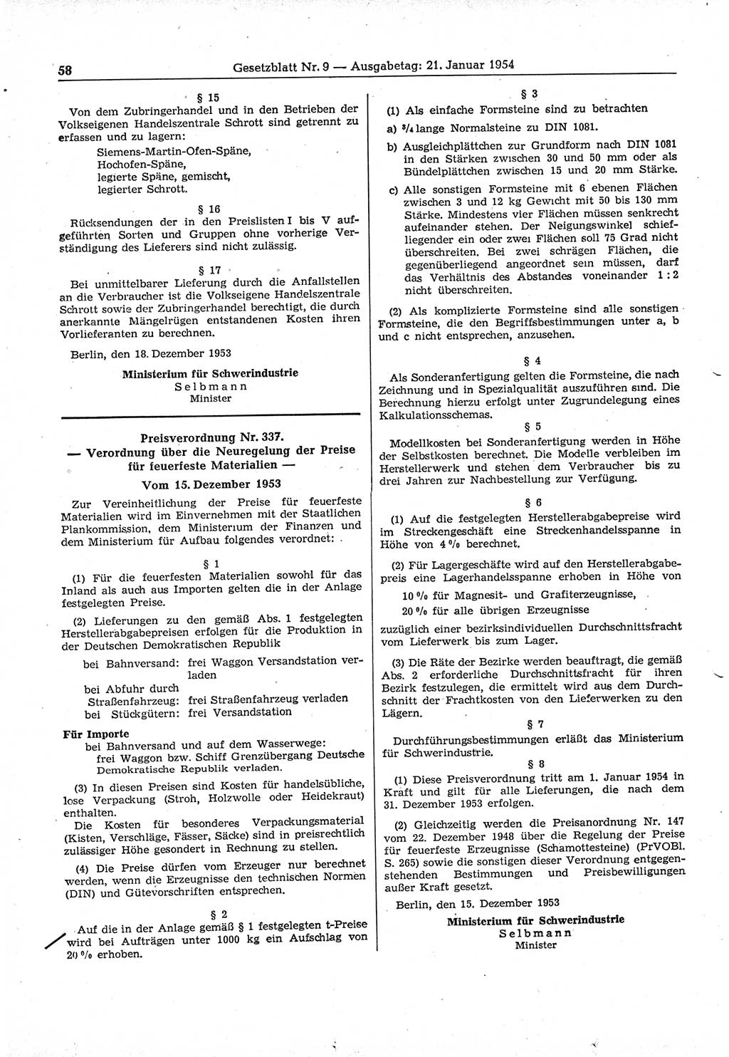 Gesetzblatt (GBl.) der Deutschen Demokratischen Republik (DDR) 1954, Seite 58 (GBl. DDR 1954, S. 58)