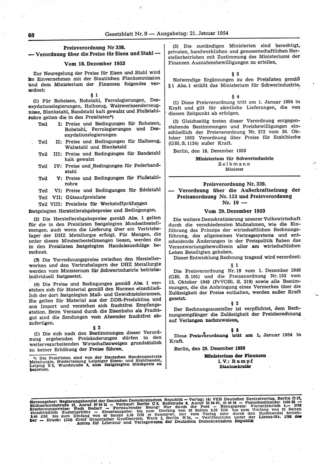 Gesetzblatt (GBl.) der Deutschen Demokratischen Republik (DDR) 1954, Seite 68 (GBl. DDR 1954, S. 68)