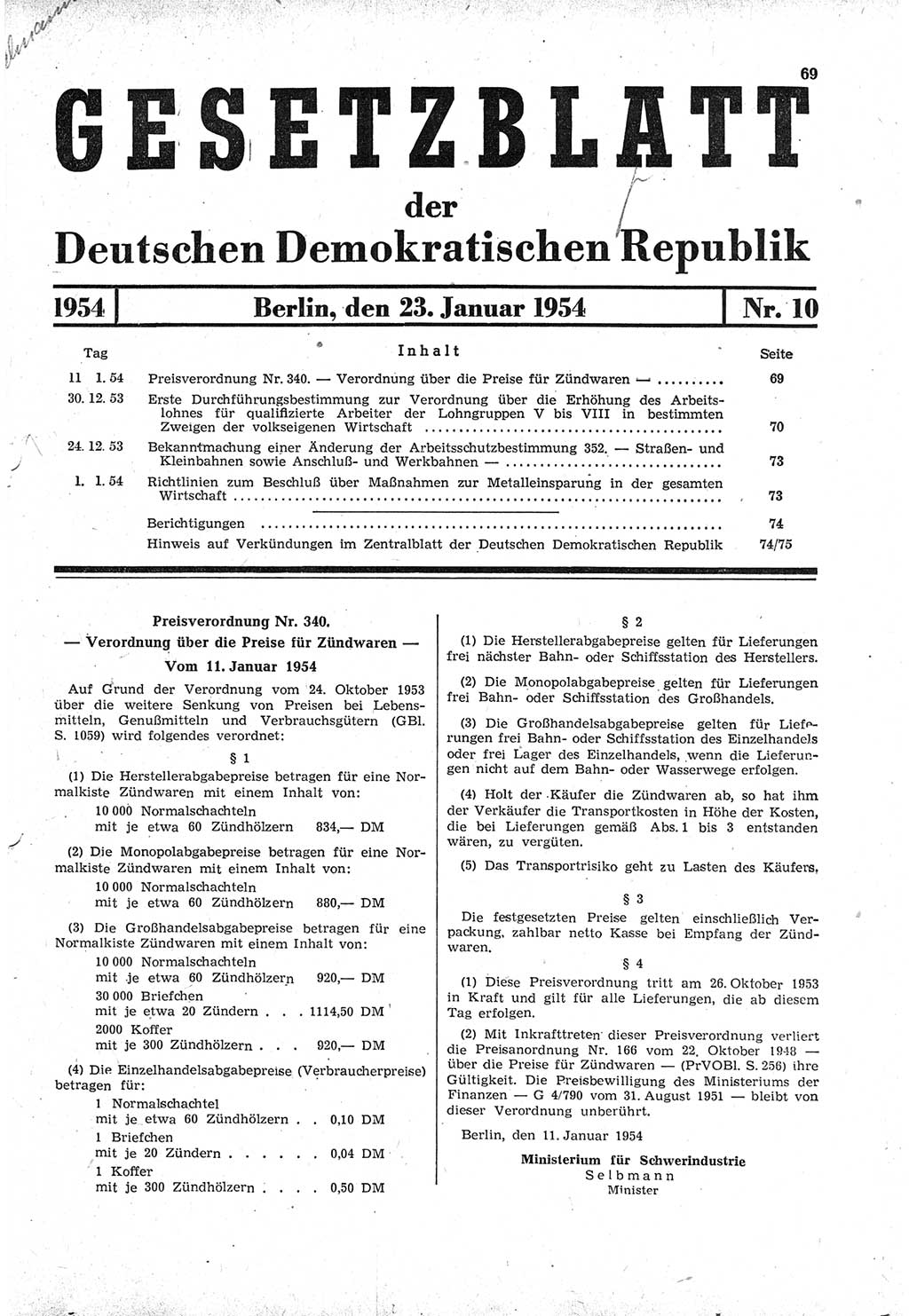 Gesetzblatt (GBl.) der Deutschen Demokratischen Republik (DDR) 1954, Seite 69 (GBl. DDR 1954, S. 69)