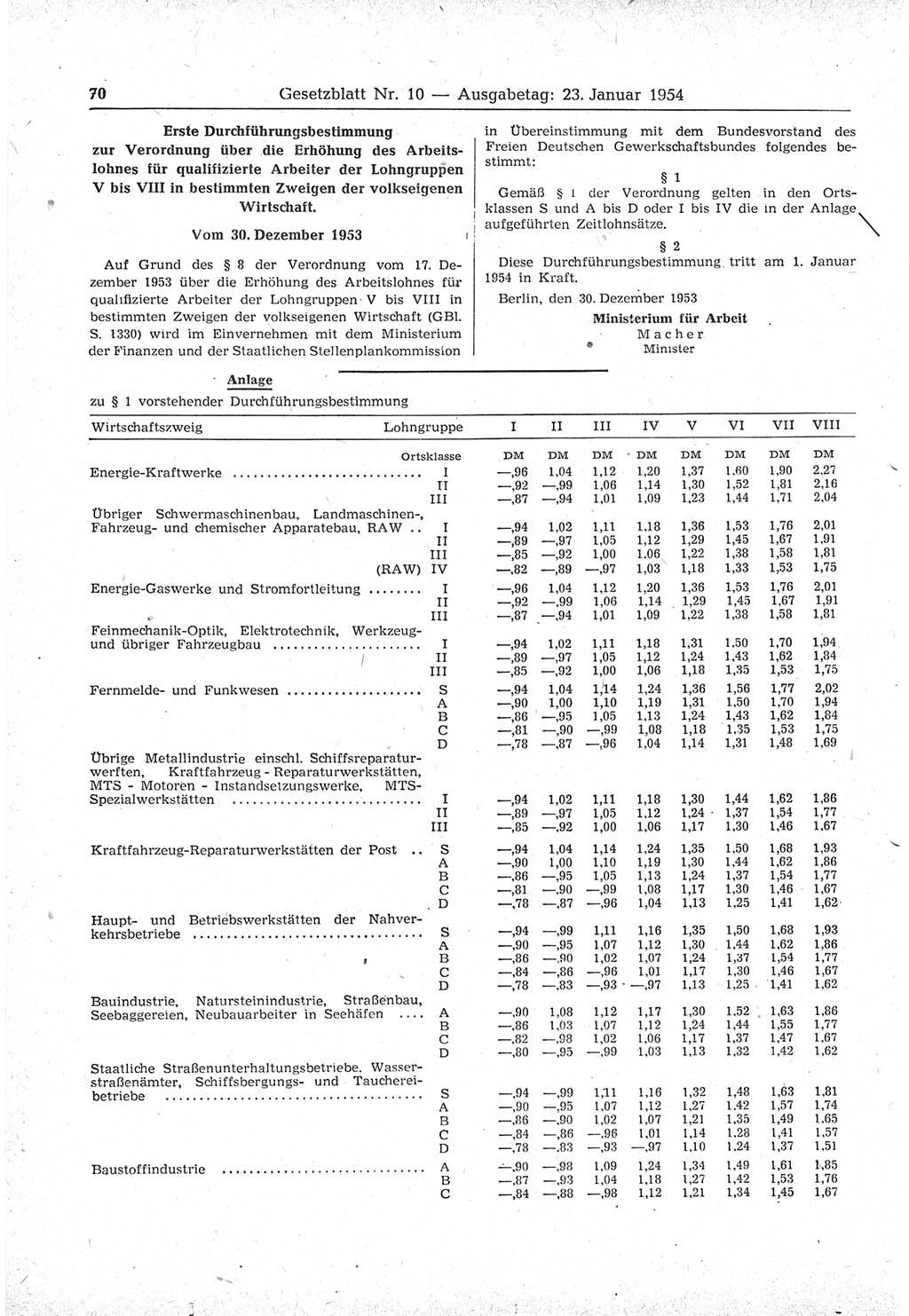 Gesetzblatt (GBl.) der Deutschen Demokratischen Republik (DDR) 1954, Seite 70 (GBl. DDR 1954, S. 70)