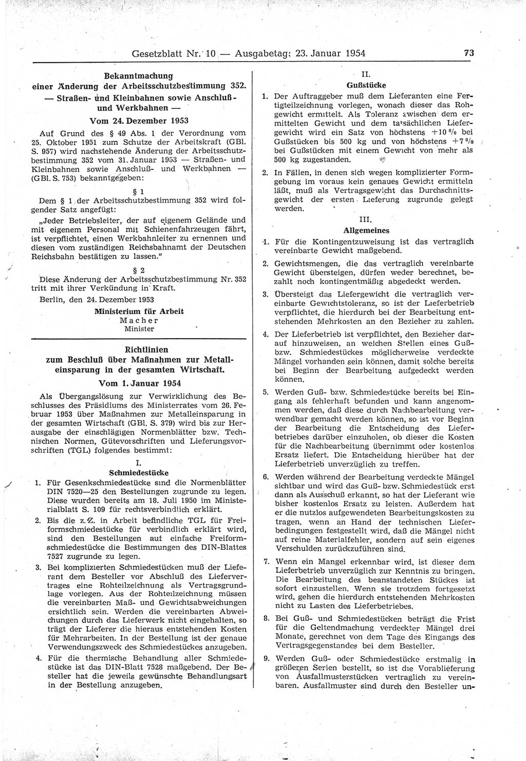 Gesetzblatt (GBl.) der Deutschen Demokratischen Republik (DDR) 1954, Seite 73 (GBl. DDR 1954, S. 73)