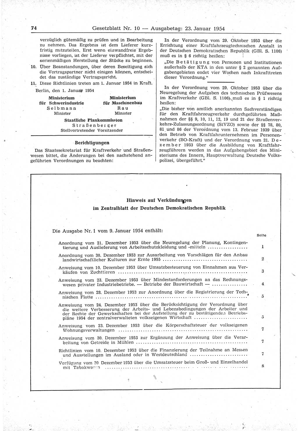 Gesetzblatt (GBl.) der Deutschen Demokratischen Republik (DDR) 1954, Seite 74 (GBl. DDR 1954, S. 74)