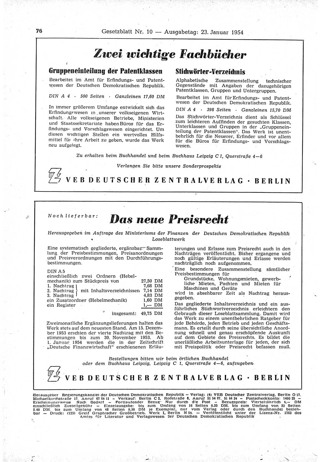 Gesetzblatt (GBl.) der Deutschen Demokratischen Republik (DDR) 1954, Seite 76 (GBl. DDR 1954, S. 76)
