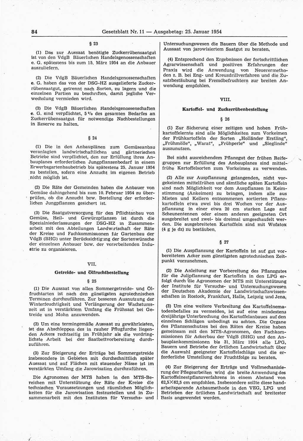 Gesetzblatt (GBl.) der Deutschen Demokratischen Republik (DDR) 1954, Seite 84 (GBl. DDR 1954, S. 84)