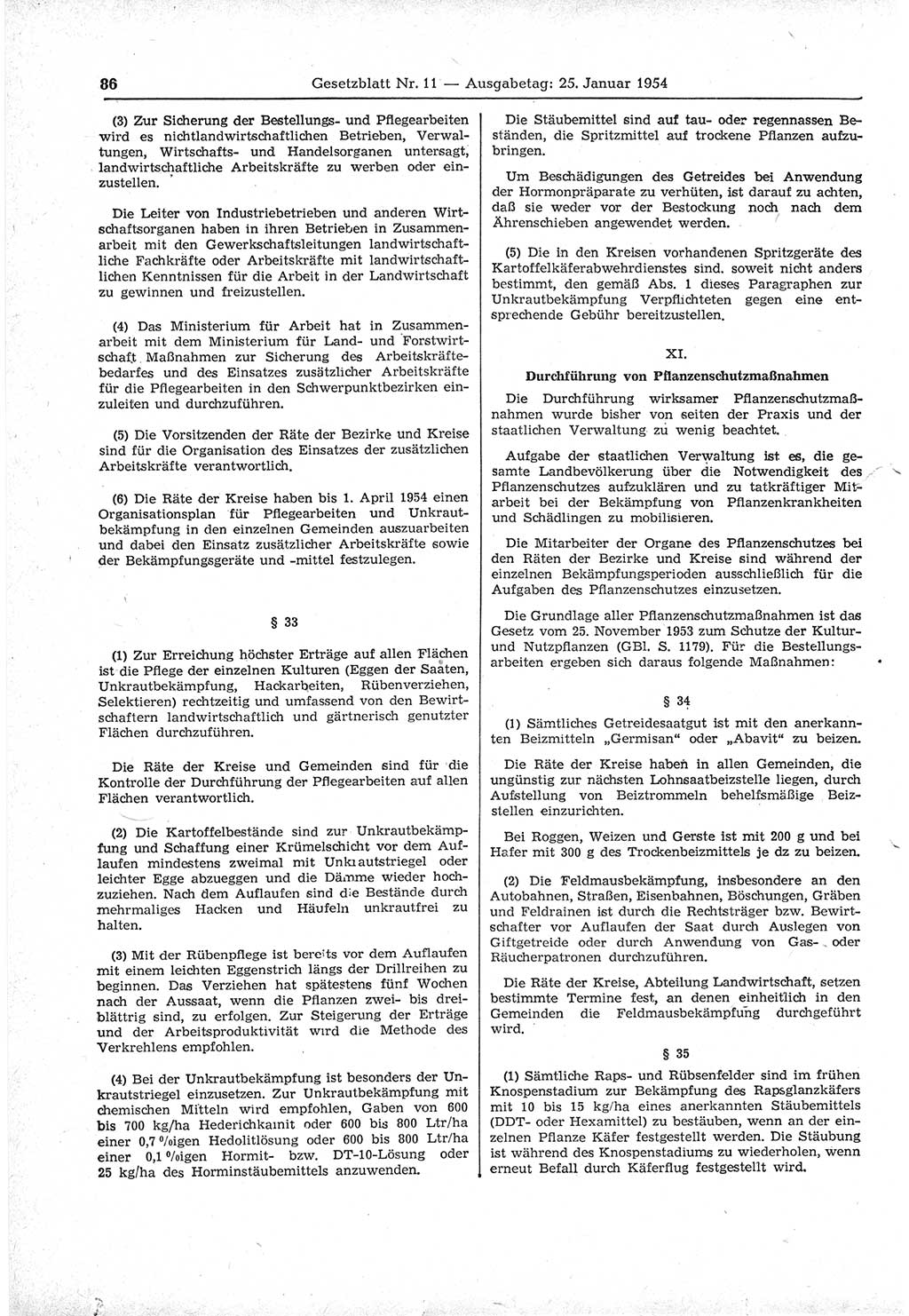 Gesetzblatt (GBl.) der Deutschen Demokratischen Republik (DDR) 1954, Seite 86 (GBl. DDR 1954, S. 86)
